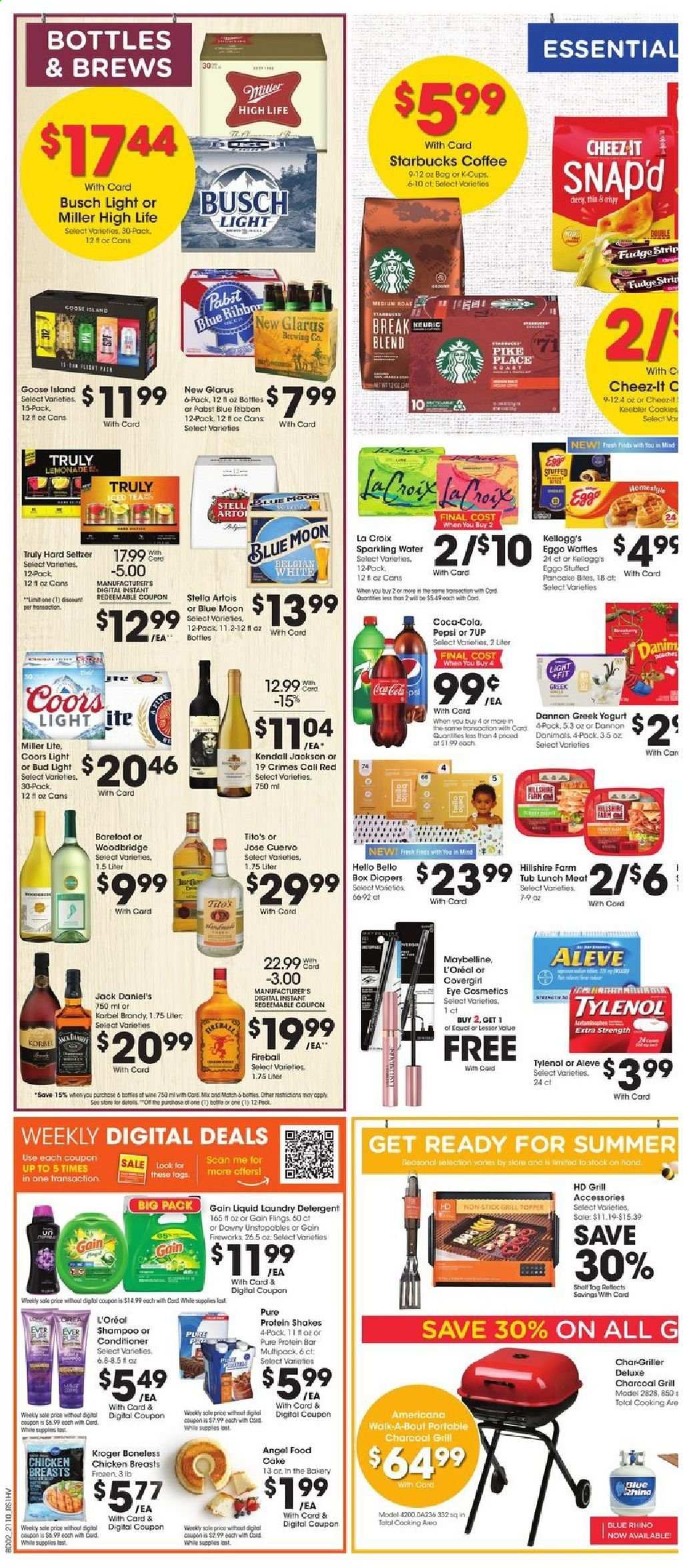 thumbnail - Pick ‘n Save Flyer - 04/07/2021 - 04/13/2021 - Sales products - cake, Angel Food, waffles, Jack Daniel's, pancakes, Hillshire Farm, lunch meat, greek yoghurt, yoghurt, Dannon, protein drink, shake, cookies, fudge, Keebler, Cheez-It, protein bar, Coca-Cola, lemonade, Pepsi, 7UP, sparkling water, coffee, Starbucks, wine, Woodbridge, brandy, TRULY, beer, Miller Lite, Stella Artois, Coors, Blue Moon, Busch, Bud Light, Pabst Blue Ribbon, chicken breasts, nappies, detergent, Gain, Unstopables, laundry detergent, shampoo, L’Oréal, conditioner, Maybelline, Rhino, grill, Aleve, Tylenol. Page 5.