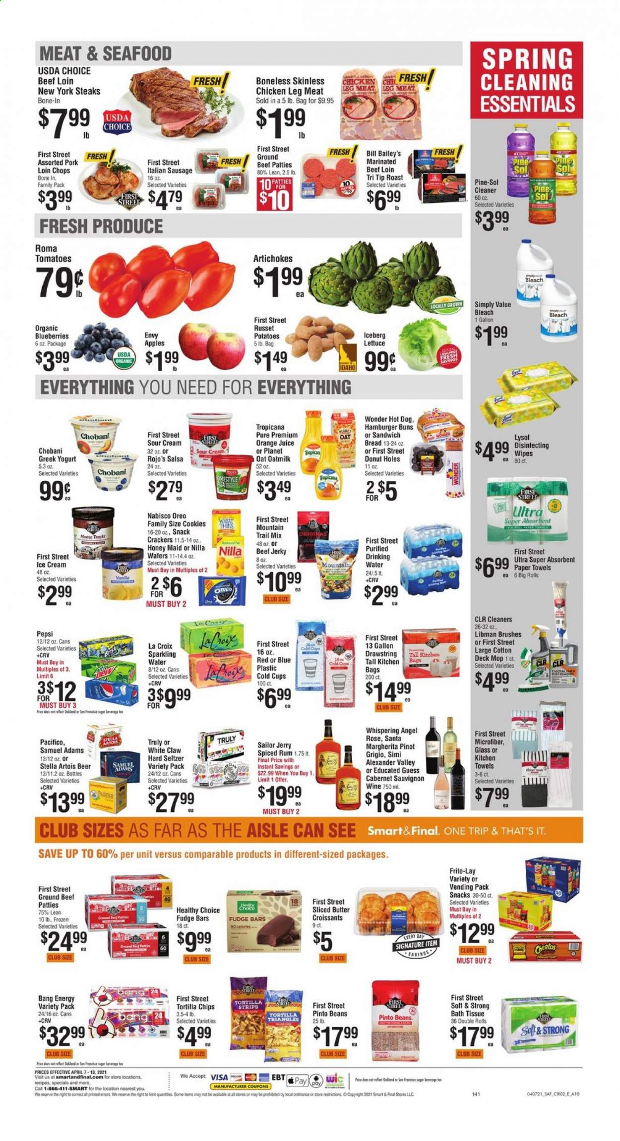 thumbnail - Smart & Final Flyer - 04/07/2021 - 04/13/2021 - Sales products - Stella Artois, lettuce, bread, croissant, buns, burger buns, donut holes, artichoke, beans, tomatoes, apples, blueberries, seafood, hot dog, sandwich, Healthy Choice, beef jerky, jerky, sausage, italian sausage, greek yoghurt, Oreo, yoghurt, Chobani, oat milk, sour cream, ice cream, cookies, fudge, snack, crackers, Santa, tortilla chips, Cheetos, Frito-Lay, Honey Maid, pinto beans, salsa, Pepsi, orange juice, juice, seltzer water, sparkling water, Cabernet Sauvignon, red wine, white wine, wine, Pinot Grigio, rosé wine, rum, spiced rum, White Claw, Hard Seltzer, TRULY, beer, chicken legs, beef meat, ground beef, steak, marinated beef, pork chops, pork loin, pork meat, bath tissue, kitchen towels, paper towels, bleach, russet potatoes. Page 3.