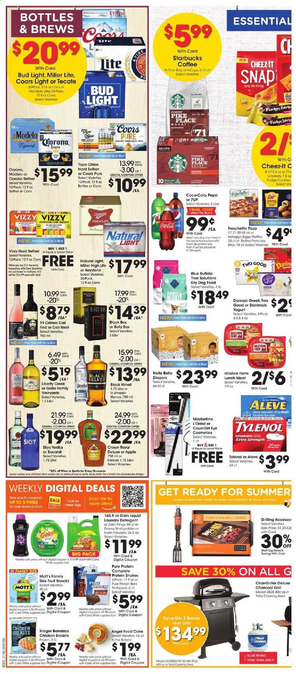 thumbnail - Smith's Flyer - 04/07/2021 - 04/13/2021 - Sales products - cake, Angel Food, pizza, pancakes, Hillshire Farm, lunch meat, yoghurt, Dannon, Danimals, protein drink, shake, cookies, fudge, fruit snack, Cheez-It, protein bar, Coca-Cola, Pepsi, 7UP, Mott's, seltzer water, coffee, Starbucks, coffee capsules, L'Or, K-Cups, wine, Gallo Family, rosé wine, Bacardi, vodka, SKYY, Hard Seltzer, beer, Miller Lite, Coors, Michelob, Bud Light, Corona Extra, Keystone, Modelo, chicken breasts, nappies, detergent, Gain, Unstopables, laundry detergent, Gain Fireworks, Pril, L’Oréal, Maybelline, topper, animal food, dog food, dry dog food, gas grill, grill, Aleve, Tylenol. Page 4.