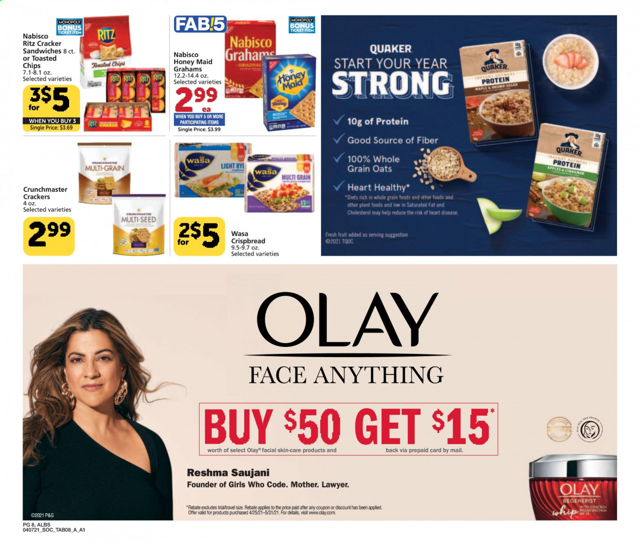 thumbnail - Albertsons Flyer - 04/07/2021 - 04/27/2021 - Sales products - crispbread, apples, Quaker, crackers, RITZ, chips, oats, Honey Maid, cinnamon, Olay, plant seeds. Page 8.
