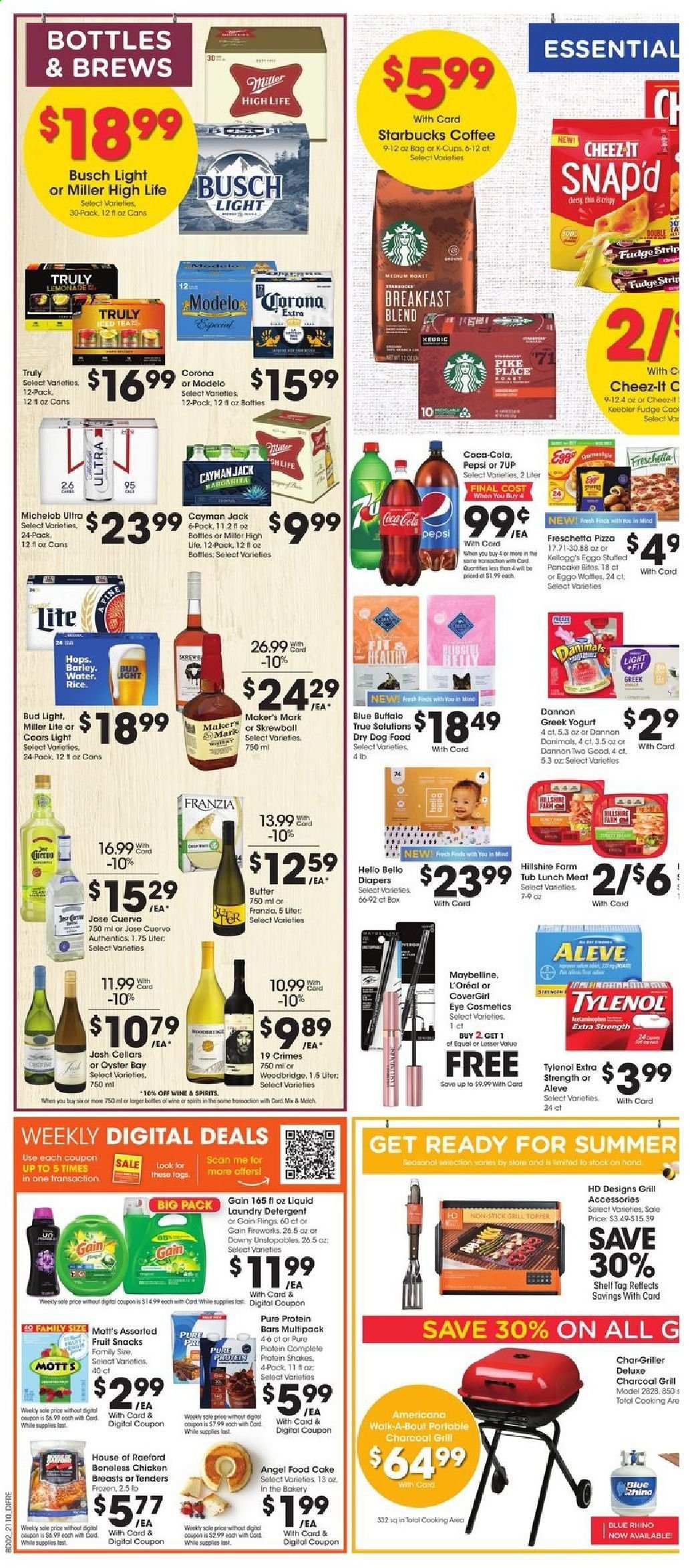 thumbnail - Baker's Flyer - 04/07/2021 - 04/13/2021 - Sales products - cake, Angel Food, oysters, pizza, pancakes, Hillshire Farm, lunch meat, greek yoghurt, yoghurt, Dannon, shake, fudge, fruit snack, Cheez-It, Coca-Cola, lemonade, Pepsi, 7UP, Mott's, tea, coffee, Starbucks, coffee capsules, K-Cups, breakfast blend, wine, Woodbridge, TRULY, beer, Miller Lite, Coors, Michelob, Busch, Bud Light, Corona Extra, Modelo, chicken breasts, nappies, detergent, Gain, Unstopables, laundry detergent, L’Oréal, Maybelline, animal food, dog food, dry dog food, grill, Aleve, Tylenol. Page 5.