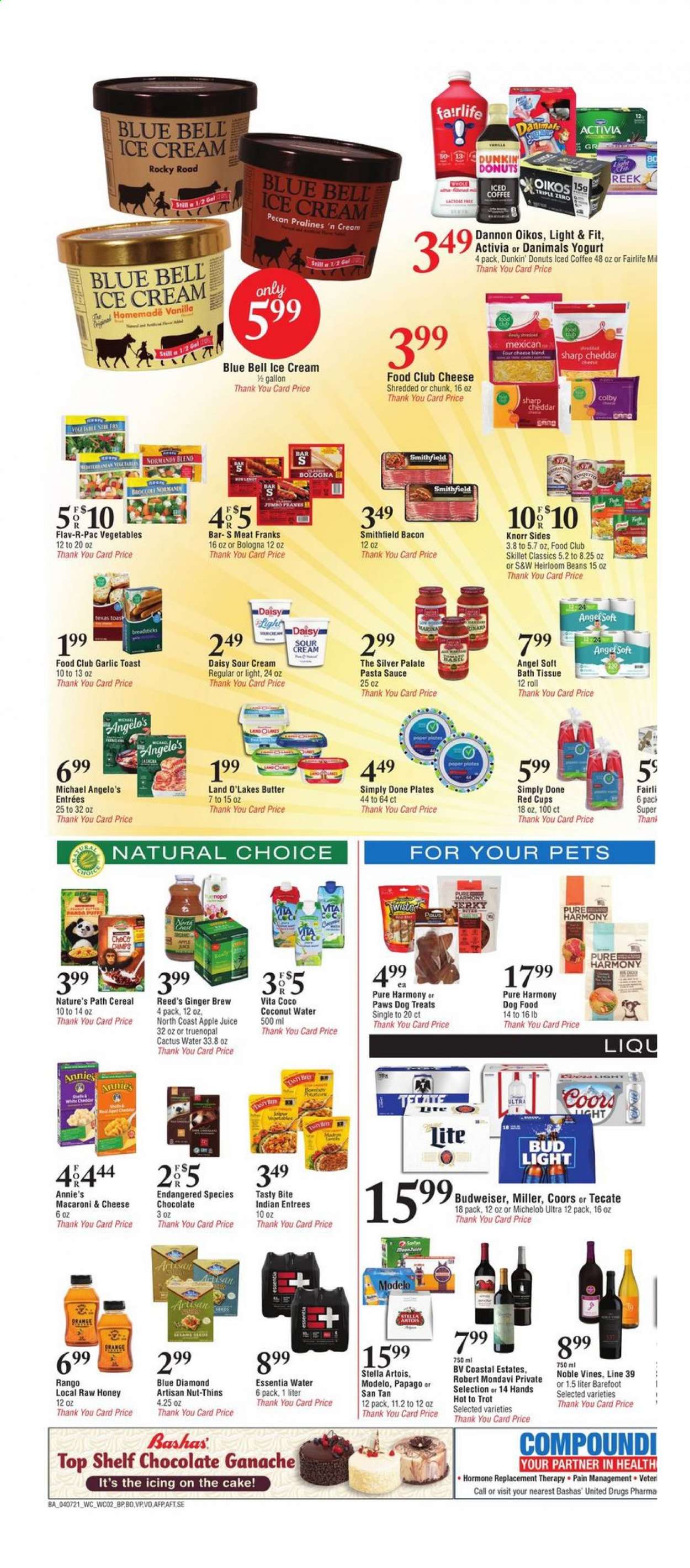 thumbnail - Bashas' Flyer - 04/07/2021 - 04/13/2021 - Sales products - bread sticks, toast bread, puffs, cake, donut, Dunkin' Donuts, beans, broccoli, ginger, macaroni & cheese, Knorr, sauce, Annie's, bacon, jerky, bologna sausage, Colby cheese, cheddar, yoghurt, Activia, Oikos, Dannon, Danimals, butter, sour cream, ice cream, Blue Bell, pralines, chocolate, Thins, garlic, cereals, pasta sauce, honey, Blue Diamond, apple juice, juice, coconut water, iced coffee, beer, Budweiser, Stella Artois, Coors, Michelob, Bud Light, Miller, Modelo, bath tissue, cactus. Page 2.