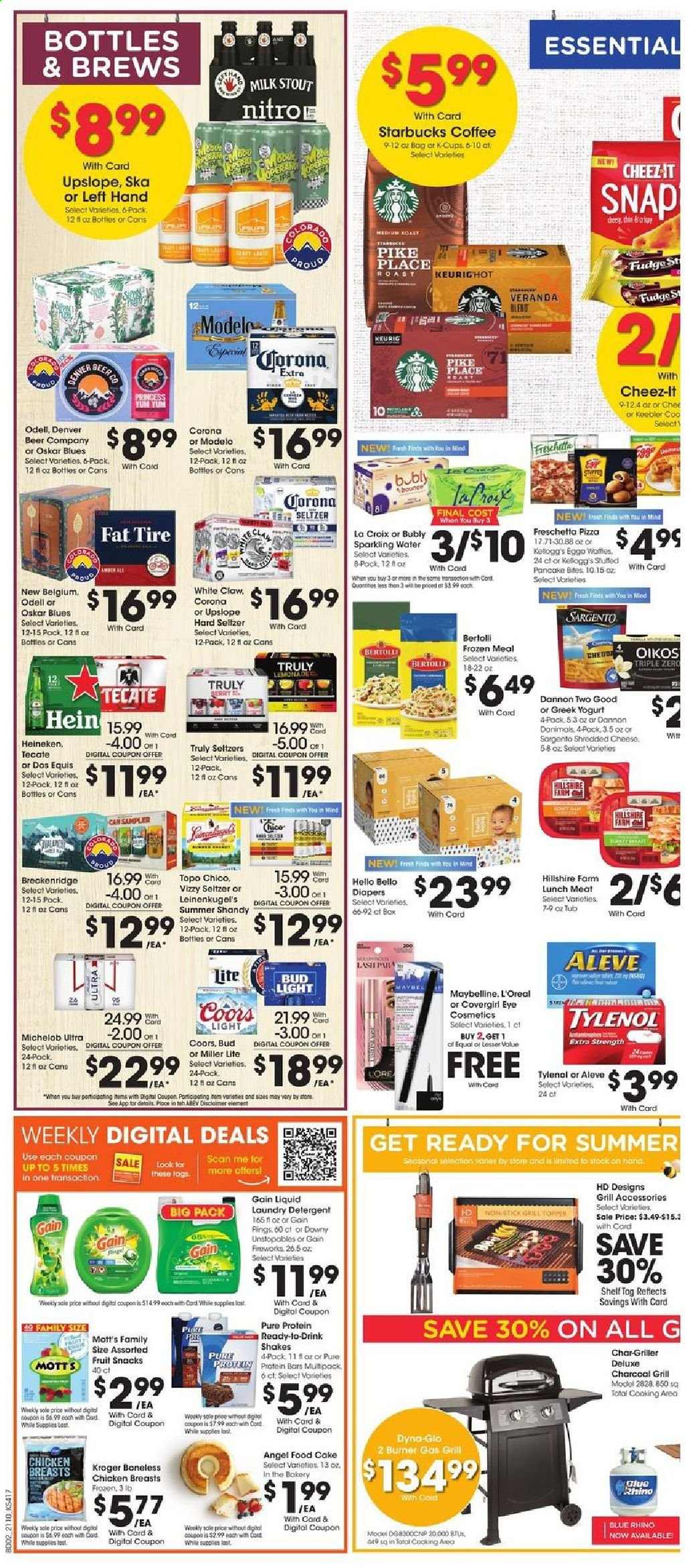 thumbnail - City Market Flyer - 04/07/2021 - 04/13/2021 - Sales products - cake, pie, Angel Food, pizza, pancakes, Bertolli, lunch meat, shredded cheese, Sargento, greek yoghurt, yoghurt, Oikos, Dannon, milk, shake, fudge, fruit snack, Cheez-It, Mott's, seltzer water, sparkling water, coffee, Starbucks, Keurig, White Claw, TRULY, beer, Miller Lite, Coors, Dos Equis, Michelob, Bud Light, Corona Extra, Heineken, Modelo, chicken breasts, nappies, detergent, Gain, laundry detergent, L’Oréal, Maybelline, princess, charcoal, Aleve, Tylenol, Leinenkugel's. Page 5.