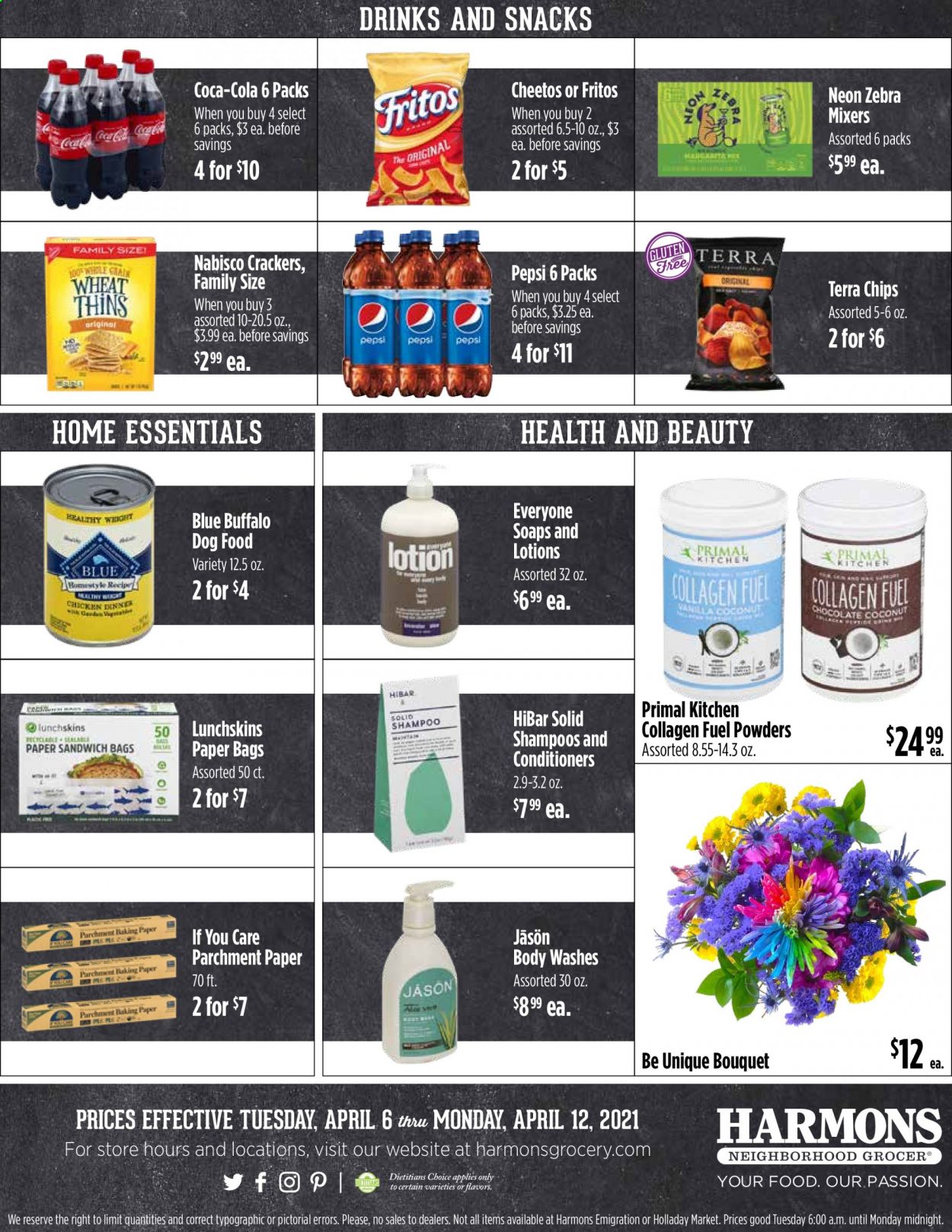 thumbnail - Harmons Flyer - 04/06/2021 - 04/12/2021 - Sales products - crackers, Cheetos, chips, snack, Fritos, Coca-Cola, Pepsi, paper, animal food, Blue Buffalo, dog food, Primal, bouquet. Page 6.