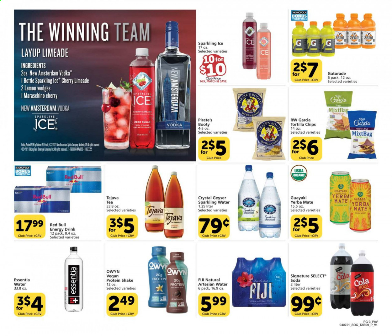 thumbnail - Pavilions Flyer - 04/07/2021 - 04/27/2021 - Sales products - cherries, protein drink, shake, tortilla chips, chips, Maraschino cherries, soda, energy drink, Red Bull, Gatorade, sparkling water, tea, vodka. Page 9.