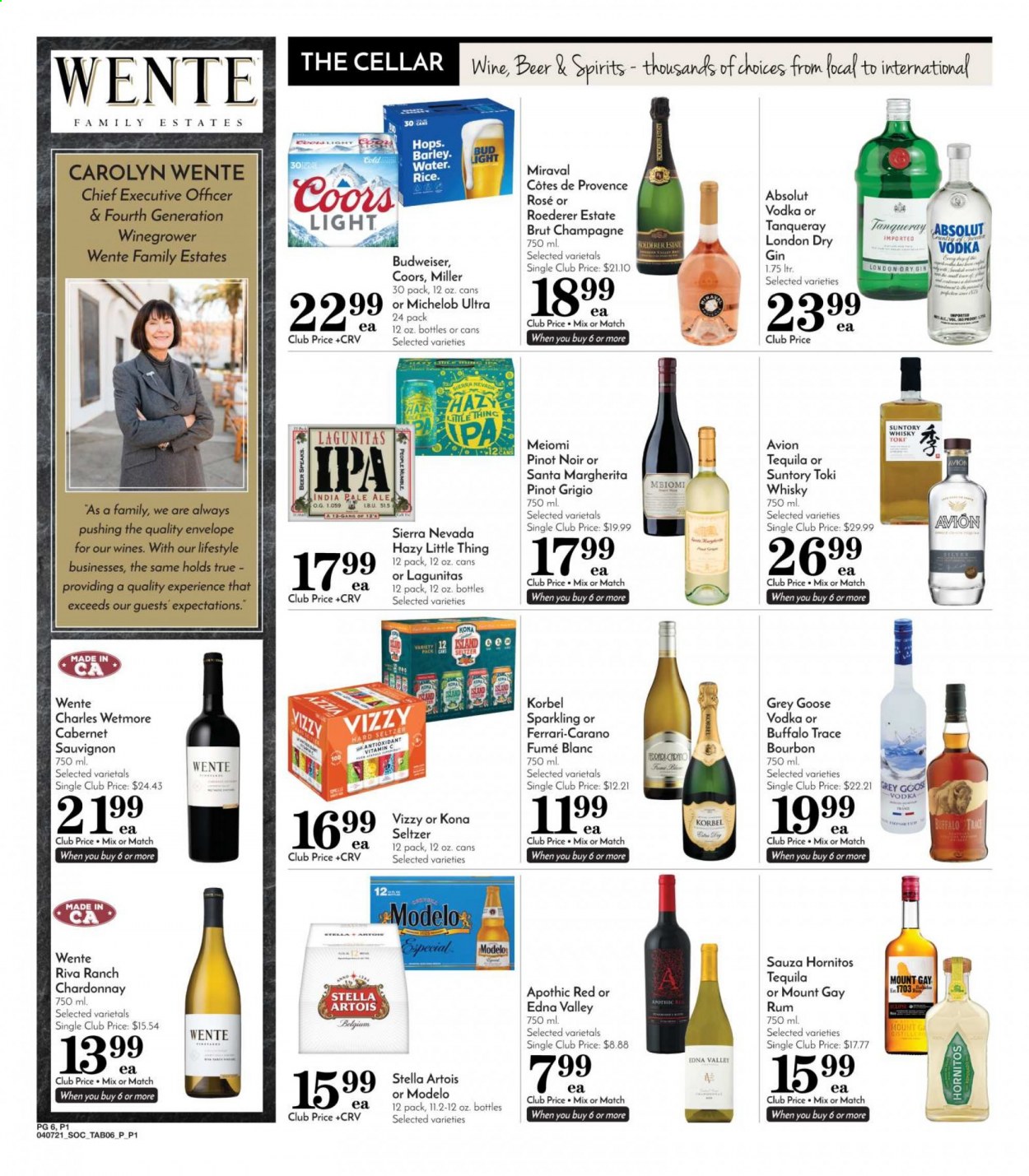 thumbnail - Pavilions Flyer - 04/07/2021 - 04/13/2021 - Sales products - Budweiser, Stella Artois, Coors, Michelob, Santa, seltzer water, Cabernet Sauvignon, champagne, Chardonnay, Pinot Noir, Pinot Grigio, bourbon, gin, rum, tequila, vodka, Absolut, Hard Seltzer, bourbon whiskey, whisky, beer, Bud Light, Miller, IPA, Modelo, Brut, rose. Page 8.