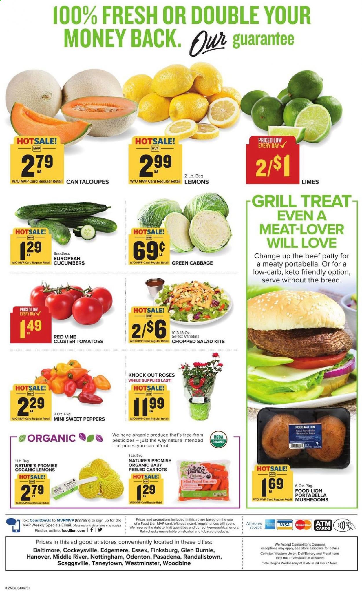 thumbnail - Food Lion Flyer - 04/07/2021 - 04/13/2021 - Sales products - mushrooms, cantaloupe, sweet peppers, Nature’s Promise, cabbage, carrots, cucumber, tomatoes, salad, alcohol, rose, limes, peppers, lemons. Page 8.