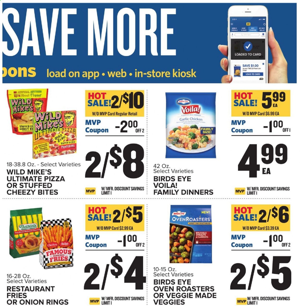 thumbnail - Food Lion Flyer - 04/07/2021 - 04/13/2021 - Sales products - carrots, garlic, brussel sprouts, pizza, onion rings, Bird's Eye, stuffed chicken, potato fries, chips, pan. Page 10.