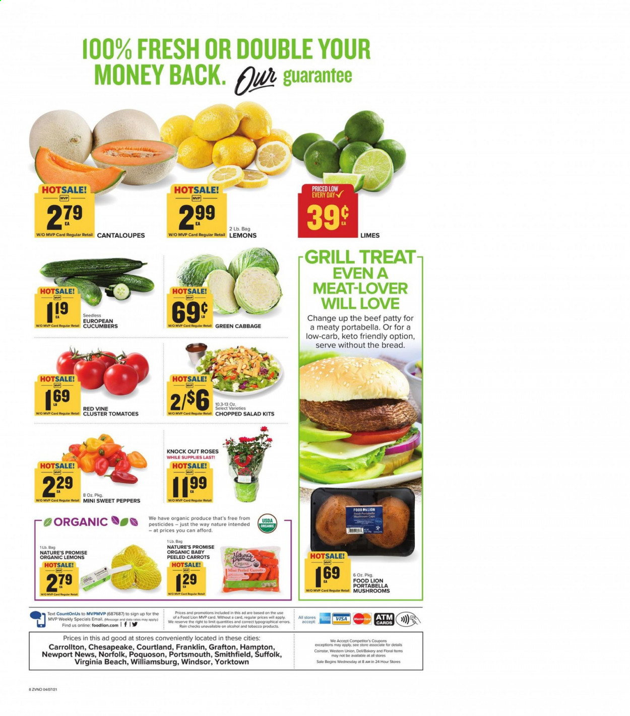 thumbnail - Food Lion Flyer - 04/07/2021 - 04/13/2021 - Sales products - mushrooms, cantaloupe, sweet peppers, Nature’s Promise, cabbage, carrots, cucumber, tomatoes, salad, alcohol, rose, limes, peppers, lemons. Page 12.