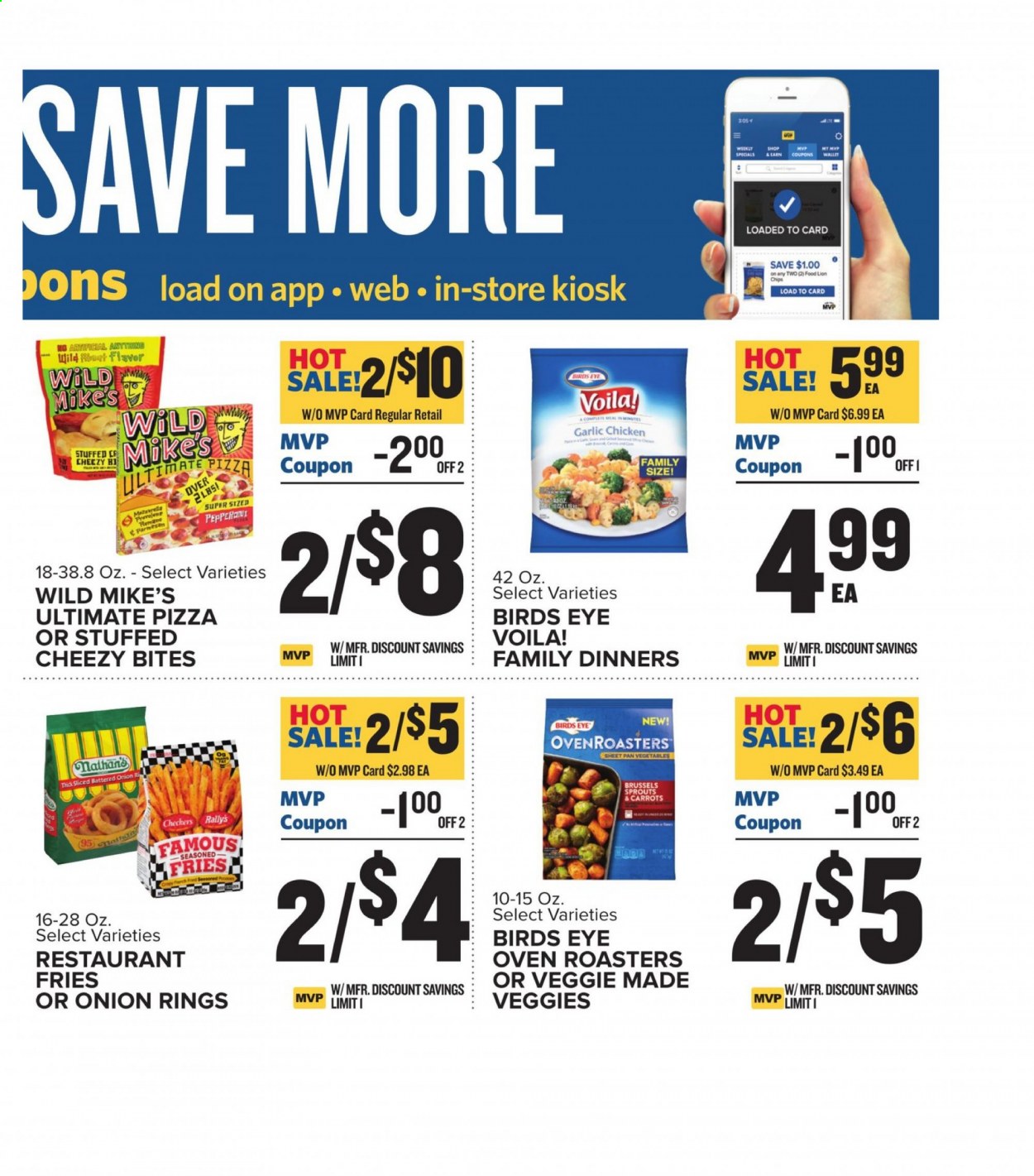 thumbnail - Food Lion Flyer - 04/07/2021 - 04/13/2021 - Sales products - carrots, garlic, brussel sprouts, pizza, onion rings, Bird's Eye, potato fries, pan. Page 15.