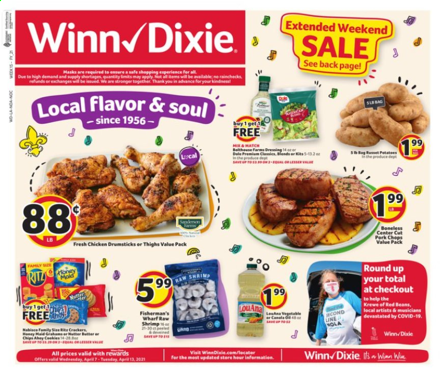 thumbnail - Winn Dixie Flyer - 04/07/2021 - 04/13/2021 - Sales products - shrimps, butter, crackers, RITZ, chips, red beans, dressing, chicken drumsticks, pork chops, pork meat, russet potatoes. Page 1.