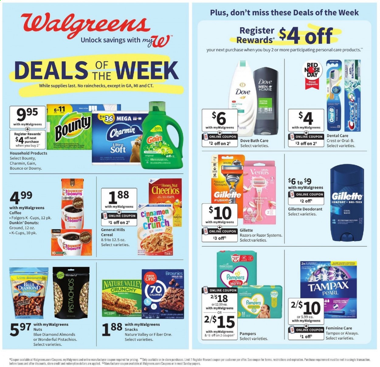 thumbnail - Walgreens Flyer - 04/11/2021 - 04/17/2021 - Sales products - snack, Bounty, brownies, donut, oats, cereals, Cheerios, Nature Valley, Fiber One, almonds, pistachios, Blue Diamond, coffee, Folgers, coffee capsules, K-Cups, Dunkin' Donuts, Pampers, Charmin, Gain, Downy Laundry, Dove, Oral-B, Crest, Tampax, anti-perspirant, deodorant, Gillette, razor. Page 1.