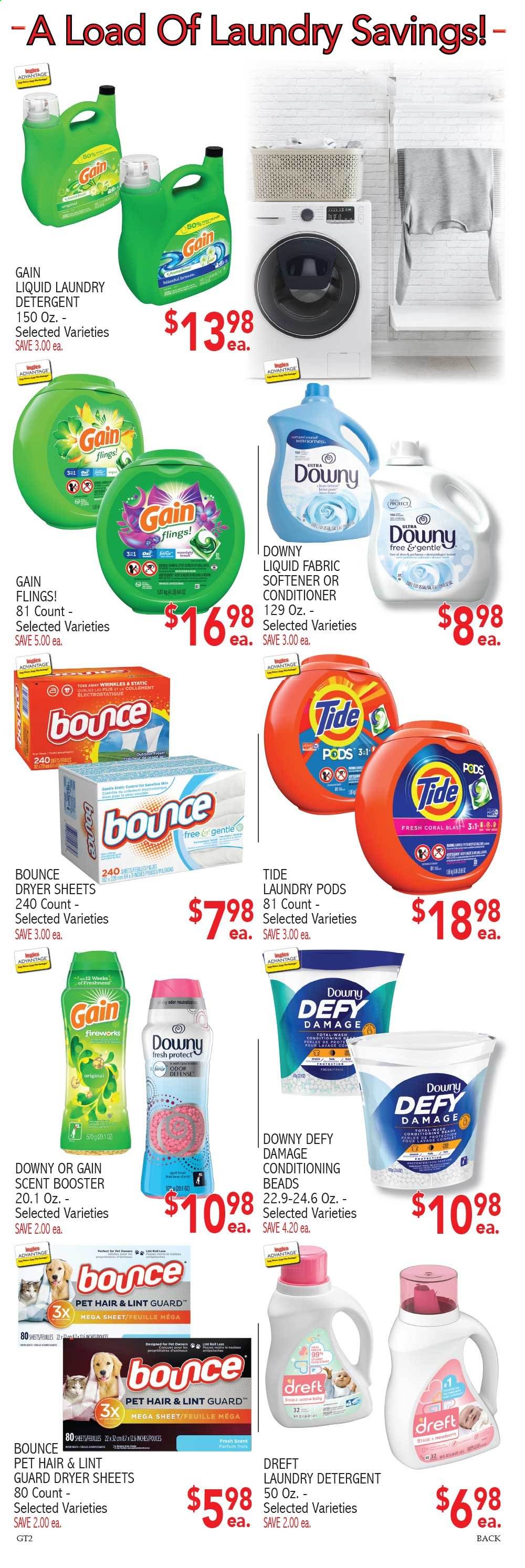 thumbnail - Ingles Flyer - 04/07/2021 - 04/13/2021 - Sales products - detergent, Gain, Tide, fabric softener, laundry detergent, Bounce, conditioning beads, dryer sheets, conditioner, pan. Page 6.