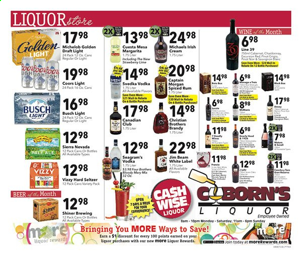 thumbnail - Coborn's Flyer - 04/07/2021 - 04/13/2021 - Sales products - Coors, Michelob, Four Brothers, seltzer water, wine, brandy, Captain Morgan, rum, spiced rum, vodka, irish cream, liquor, Jim Beam, Hard Seltzer, beer, Busch. Page 11.