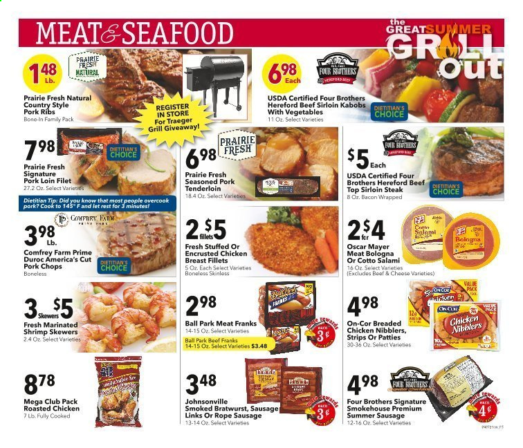 thumbnail - Cash Wise Flyer - 04/07/2021 - 04/13/2021 - Sales products - Johnsonville, seafood, shrimps, fried chicken, Four Brothers, bacon, salami, bologna sausage, Oscar Mayer, bratwurst, sausage, summer sausage, strips, chicken breasts, beef meat, beef sirloin, steak, sirloin steak, pork chops, pork loin, pork meat, pork ribs, pork tenderloin. Page 3.