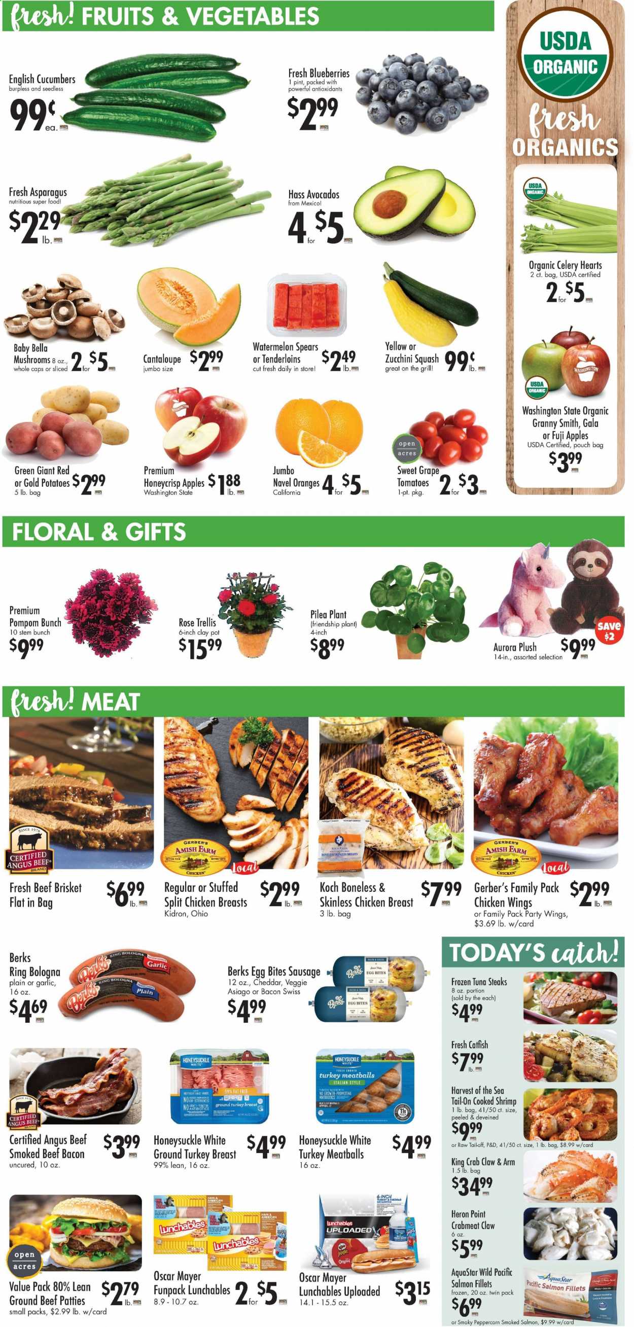 thumbnail - Buehler's Flyer - 04/07/2021 - 04/13/2021 - Sales products - mushrooms, cantaloupe, celery, blueberries, Fuji apple, asparagus, cucumber, tomatoes, apples, oranges, catfish, crab meat, salmon, salmon fillet, smoked salmon, tuna, king crab, crab, shrimps, meatballs, Lunchables, bacon, bologna sausage, Oscar Mayer, sausage, asiago, cheddar, eggs, chicken wings, garlic, ground turkey, turkey breast, chicken breasts, beef meat, ground beef, steak, beef brisket, rose, avocado, Gala, watermelon, potatoes. Page 4.