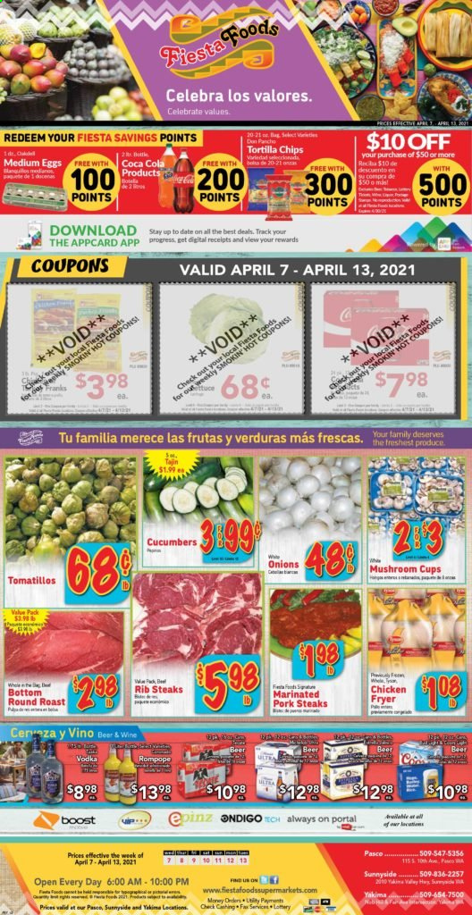 thumbnail - Fiesta Foods SuperMarkets Flyer - 04/07/2021 - 04/13/2021 - Sales products - mushrooms, cucumber, feta, eggs, chips, Boost, L'Or, wine, vodka, beer, beef meat, steak, round roast, pork chops, pork meat, marinated pork, onion. Page 1.