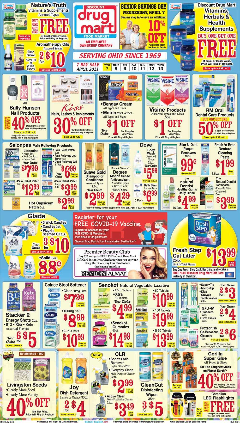 thumbnail - Discount Drug Mart Flyer - 04/07/2021 - 04/13/2021 - Sales products - fish oil, Dove, detergent, wipes, cleaner, stain remover, fabric softener, XTRA, Joy, Jet, body wash, shampoo, Suave, toothpaste, Almay, conditioner, Revlon, Brite, Hask, anti-perspirant, roll-on, Sally Hansen, crayons, glue, candle, Glade, scented oil, aromatherapy oils, cat litter, Fresh Step, plant seeds, pain relief, Nature's Truth, probiotics, Bengay, laxative, health supplement, Motrin, capsicum. Page 1.