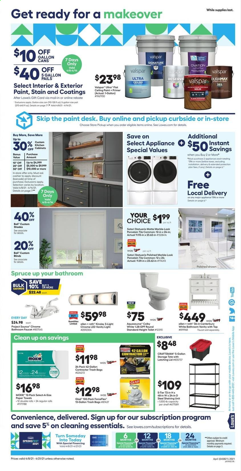 thumbnail - Lowe's Flyer - 04/08/2021 - 04/21/2021 - Sales products - toilet, Canterbury, kitchen towels, paper towels, trash bags, shades, lid, shelf unit, vanity, gallon, bag, Valspar, vanity lights, porcelain tile, blinds, Craftsman, storage tote. Page 8.