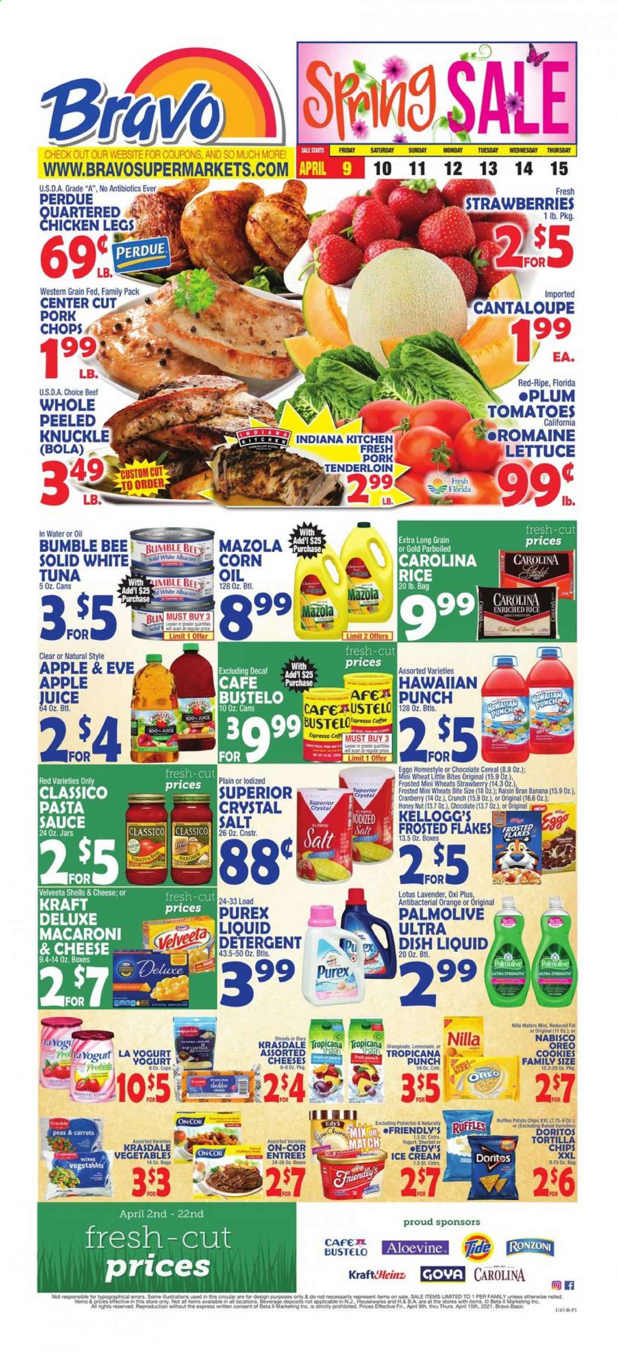thumbnail - Bravo Supermarkets Flyer - 04/09/2021 - 04/15/2021 - Sales products - cantaloupe, carrots, corn, tomatoes, lettuce, strawberries, oranges, tuna, macaroni & cheese, Bumble Bee, sauce, Perdue®, Kraft®, Oreo, ice cream, sherbet, Friendly's Ice Cream, cookies, Kellogg's, Little Bites, Doritos, tortilla chips, chips, Ruffles, salt, cereals, Frosted Flakes, Raisin Bran, rice, pasta, parboiled rice, Classico, corn oil, pistachios, juice, fruit punch, chicken legs, pork chops, pork meat, pork tenderloin. Page 1.