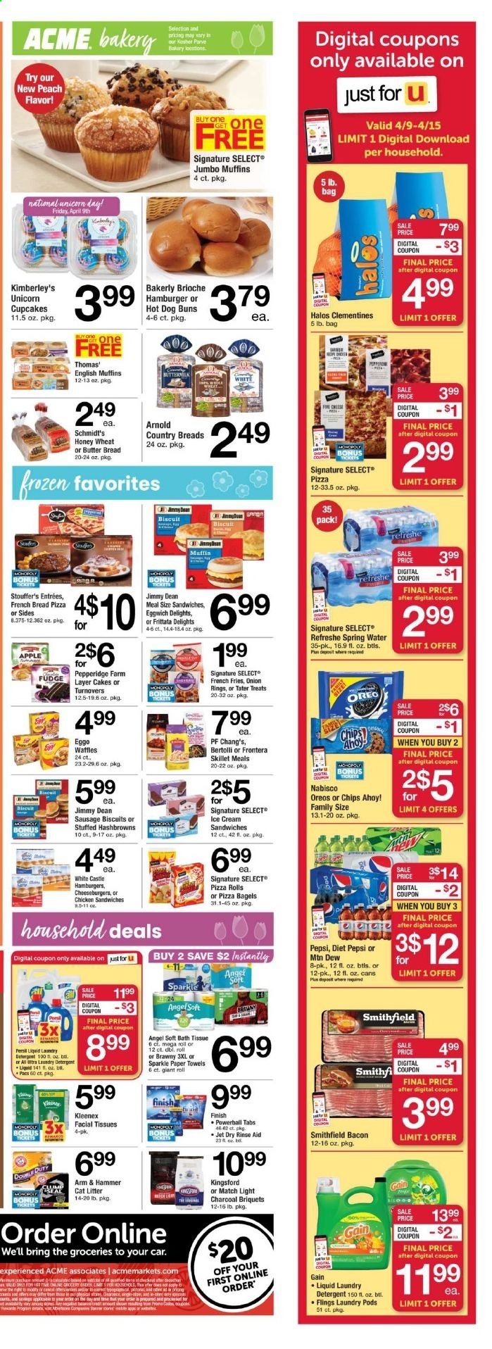 thumbnail - ACME Flyer - 04/09/2021 - 04/15/2021 - Sales products - bagels, bread, english muffins, cake, pizza rolls, buns, brioche, turnovers, cupcake, hash browns, pizza, onion rings, Bertolli, Jimmy Dean, bacon, sausage, Oreo, ice cream, ice cream sandwich, Stouffer's, potato fries, french fries, fudge, biscuit, Chips Ahoy!, ARM & HAMMER, Mountain Dew, Pepsi, Diet Pepsi, spring water, Castle, bath tissue, Kleenex, kitchen towels, paper towels, detergent, Gain, laundry detergent, Jet, facial tissues, cat litter, clementines. Page 3.