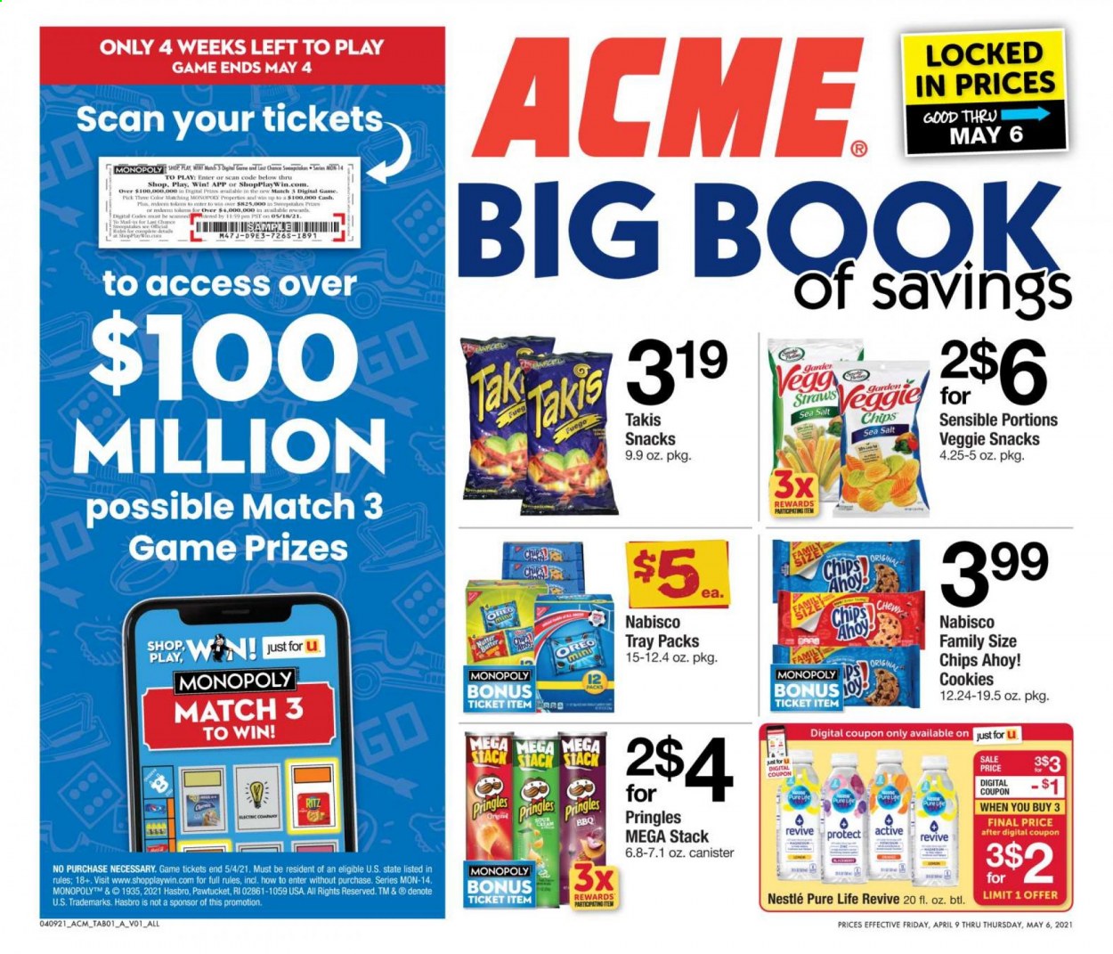 thumbnail - ACME Flyer - 04/09/2021 - 05/06/2021 - Sales products - cookies, Nestlé, snack, Chips Ahoy!, RITZ, Pringles, chips, tray. Page 1.
