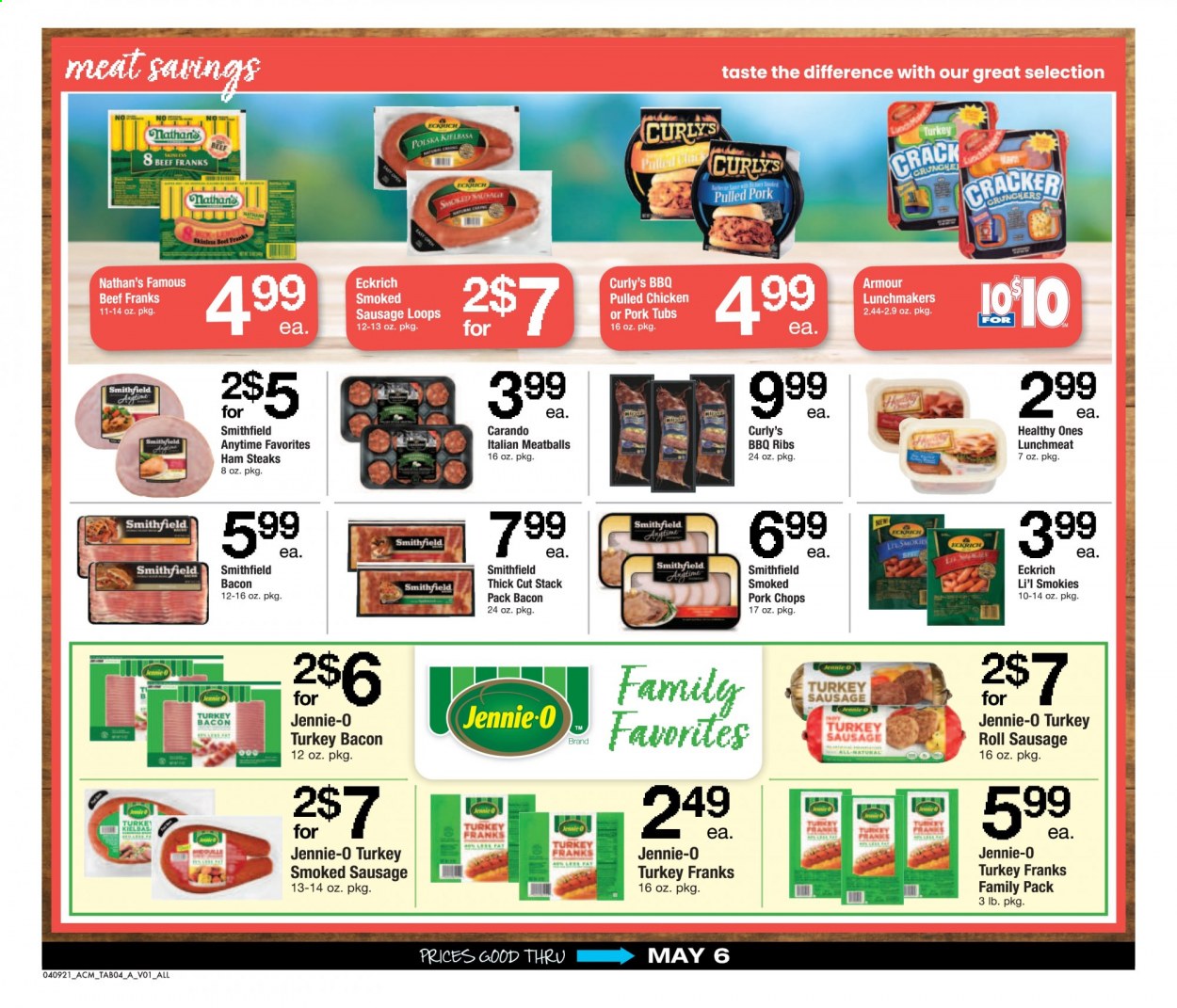 thumbnail - ACME Flyer - 04/09/2021 - 05/06/2021 - Sales products - meatballs, pulled pork, pulled chicken, bacon, turkey bacon, sausage, smoked sausage, lunch meat, ham steaks, crackers, steak, pork chops, pork meat. Page 4.