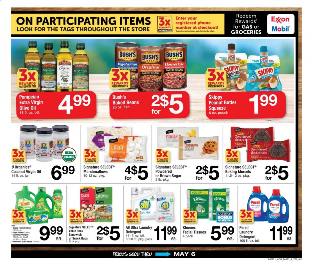 thumbnail - ACME Flyer - 04/09/2021 - 05/06/2021 - Sales products - beans, sandwich, marshmallows, baked beans, extra virgin olive oil, olive oil, oil, peanut butter, Kleenex, tissues, detergent, Gain, Persil, fabric softener, laundry detergent, dryer sheets, facial tissues, bag, Monopoly. Page 15.