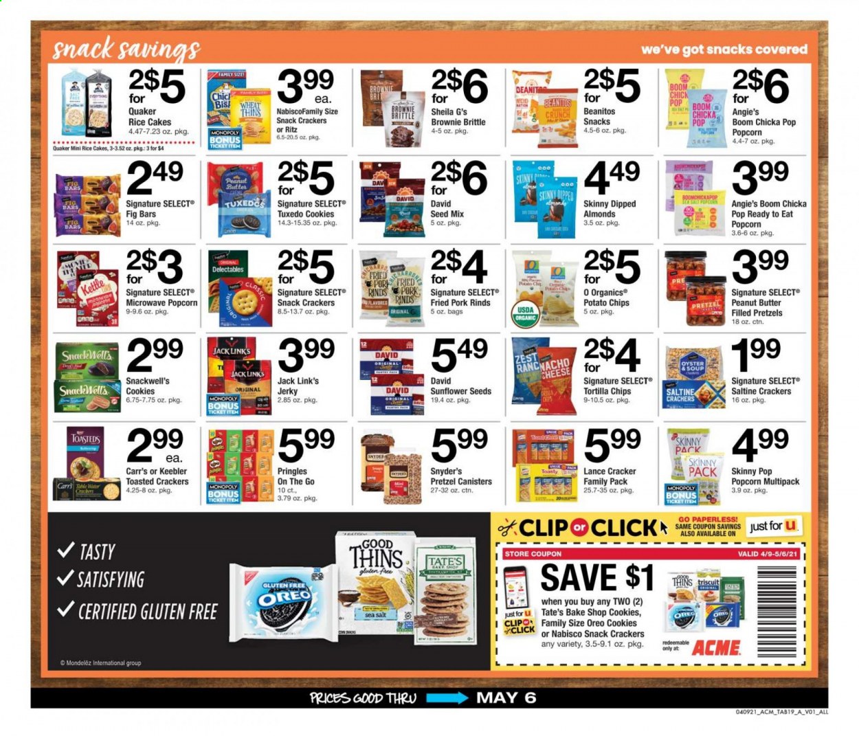 thumbnail - ACME Flyer - 04/09/2021 - 05/06/2021 - Sales products - pretzels, brownies, oysters, Quaker, jerky, cheese, Oreo, cookies, snack, crackers, Keebler, RITZ, tortilla chips, potato chips, Pringles, chips, Thins, popcorn, Skinny Pop, Jack Link's, rice, peanut butter, almonds, sunflower seeds, bag. Page 19.