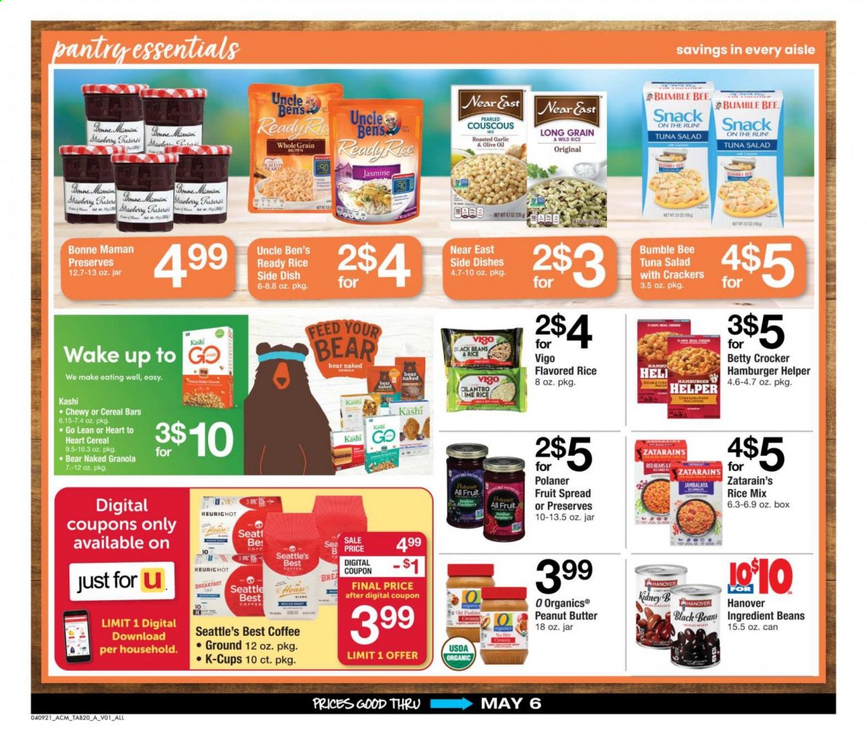 thumbnail - ACME Flyer - 04/09/2021 - 05/06/2021 - Sales products - beans, salad, tuna, Bumble Bee, tuna salad, cereal bar, crackers, snack, Uncle Ben's, granola, black beans, couscous, red beans, rice, cilantro, olive oil, peanut butter, coffee, coffee capsules, K-Cups. Page 20.
