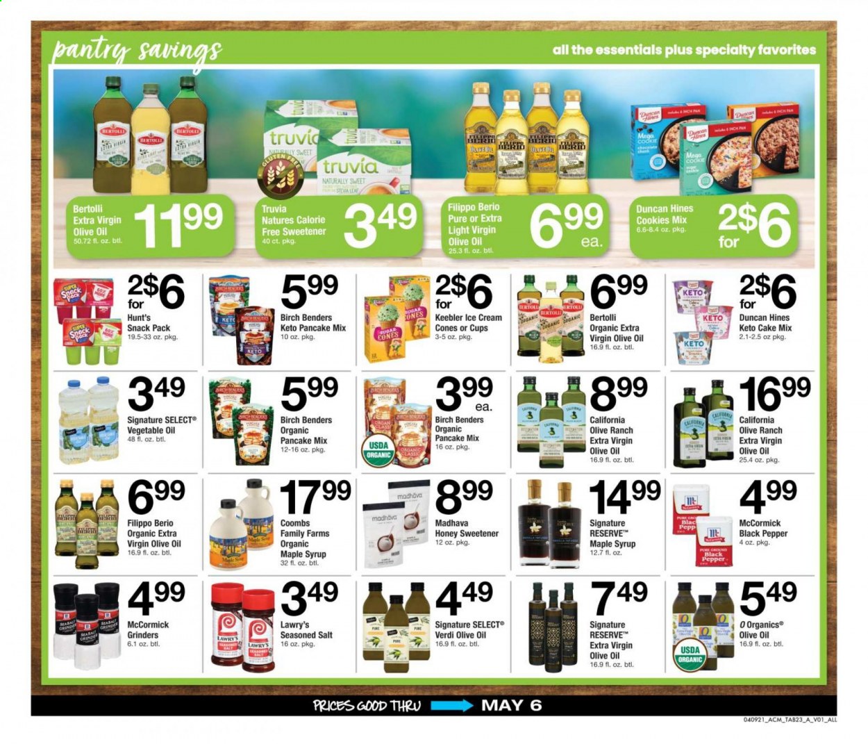 thumbnail - ACME Flyer - 04/09/2021 - 05/06/2021 - Sales products - cake mix, pancakes, Bertolli, ice cream, cookies, Keebler, salt, black pepper, extra virgin olive oil, vegetable oil, olive oil, maple syrup, honey, syrup, cup. Page 23.