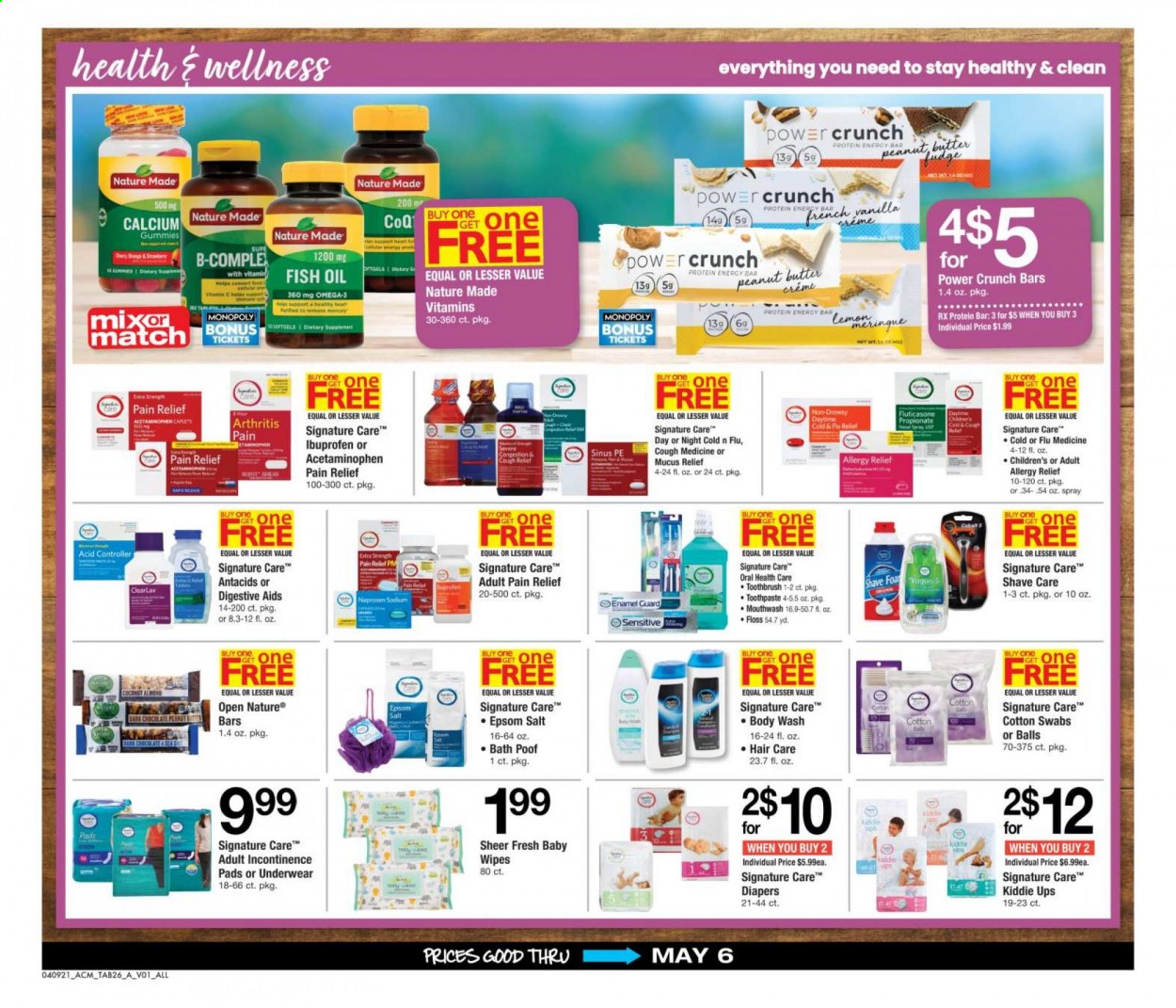 thumbnail - ACME Flyer - 04/09/2021 - 05/06/2021 - Sales products - butter, protein bar, oil, wipes, nappies, body wash, toothbrush, toothpaste, mouthwash, underwear, pain relief, calcium, fish oil, Nature Made, Ibuprofen, allergy relief. Page 26.