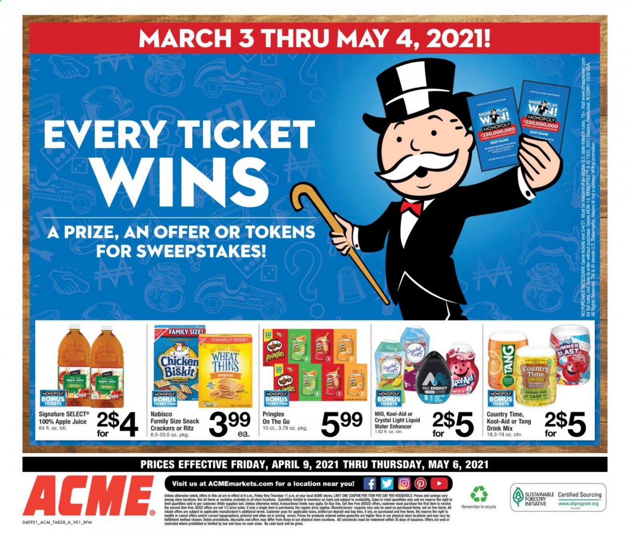 thumbnail - ACME Flyer - 04/09/2021 - 05/06/2021 - Sales products - snack, crackers, RITZ, Pringles, Thins, apple juice, juice, Country Time, bag. Page 28.