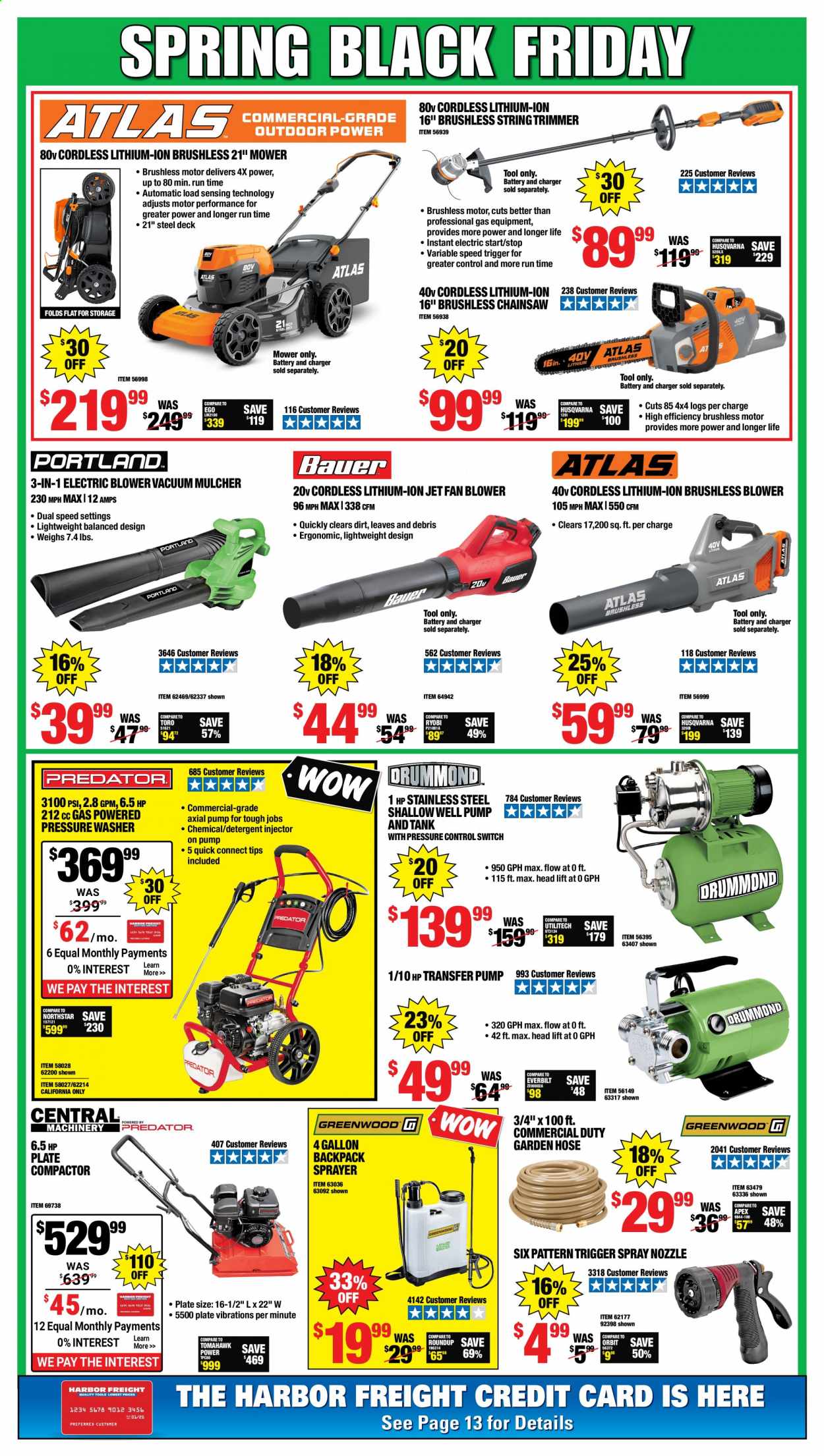 thumbnail - Harbor Freight Flyer - 04/06/2021 - 04/11/2021 - Sales products - vacuum cleaner, backpack, Ryobi, chain saw, Husqvarna, mulcher, string trimmer, blower, pressure washer, pump, transfer pumps, sprayer, garden hose, Roundup. Page 2.