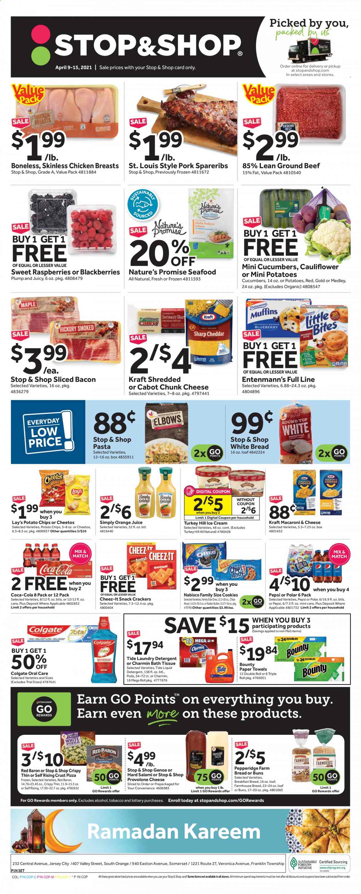 thumbnail - Stop & Shop Flyer - 04/09/2021 - 04/15/2021 - Sales products - white bread, buns, Nature’s Promise, muffin, Entenmann's, cauliflower, blackberries, raspberries, chicken breasts, beef meat, ground beef, pork spare ribs, seafood, macaroni & cheese, pizza, Kraft®, bacon, salami, chunk cheese, Provolone, Oreo, butter, ice cream, Red Baron, cookies, snack, Bounty, crackers, Little Bites, potato chips, Cheetos, Lay’s, Cheez-It, pasta, Coca-Cola, Pepsi, orange juice, juice, bath tissue, kitchen towels, paper towels, Charmin, Tide, laundry detergent, liquid detergent, Colgate, Sharp, pin. Page 1.