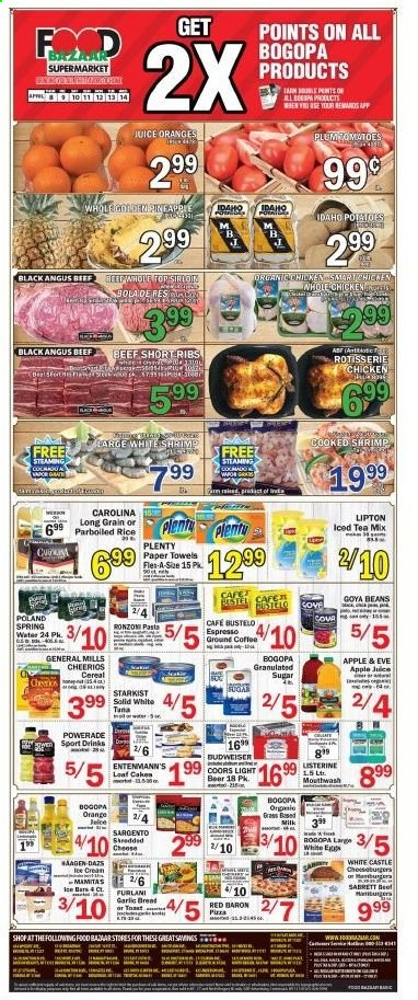 thumbnail - Food Bazaar Flyer - 04/08/2021 - 04/14/2021 - Sales products - Budweiser, bread, cake, Entenmann's, beans, oranges, tuna, shrimps, StarKist, pizza, Sargento, milk, Red Baron, granulated sugar, sugar, Goya, cereals, Cheerios, rice, pasta, apple juice, Powerade, juice, Lipton, spring water, beer, Castle, whole chicken, beef meat, beef ribs. Page 1.