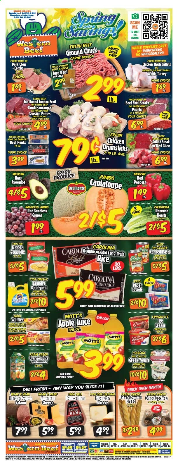 thumbnail - Western Beef Flyer - 04/08/2021 - 04/14/2021 - Sales products - bread, cupcake, waffles, cantaloupe, soup mix, salad, peppers, red peppers, romaine hearts, avocado, grapes, seedless grapes, melons, Mott's, Butterball, whole turkey, chicken drumsticks, boneless chicken thighs, beef meat, beef steak, ground beef, ground chuck, steak, sirloin steak, cap of rump, hamburger, sausage patties, pork chops, pork meat, soup, pasta, noodles cup, Boar's Head, ready meal, salami, ham, sausage, pork sausage, frankfurters, american cheese, cheese, Münster cheese, greek yoghurt, Oreo, Chobani, ice cream, Friendly's Ice Cream, fruit bar, semolina, Chef Boyardee, Del Monte, long grain rice, apple juice, orange juice, juice, Lipton, kitchen towels, paper towels, detergent, Tide, laundry detergent. Page 1.