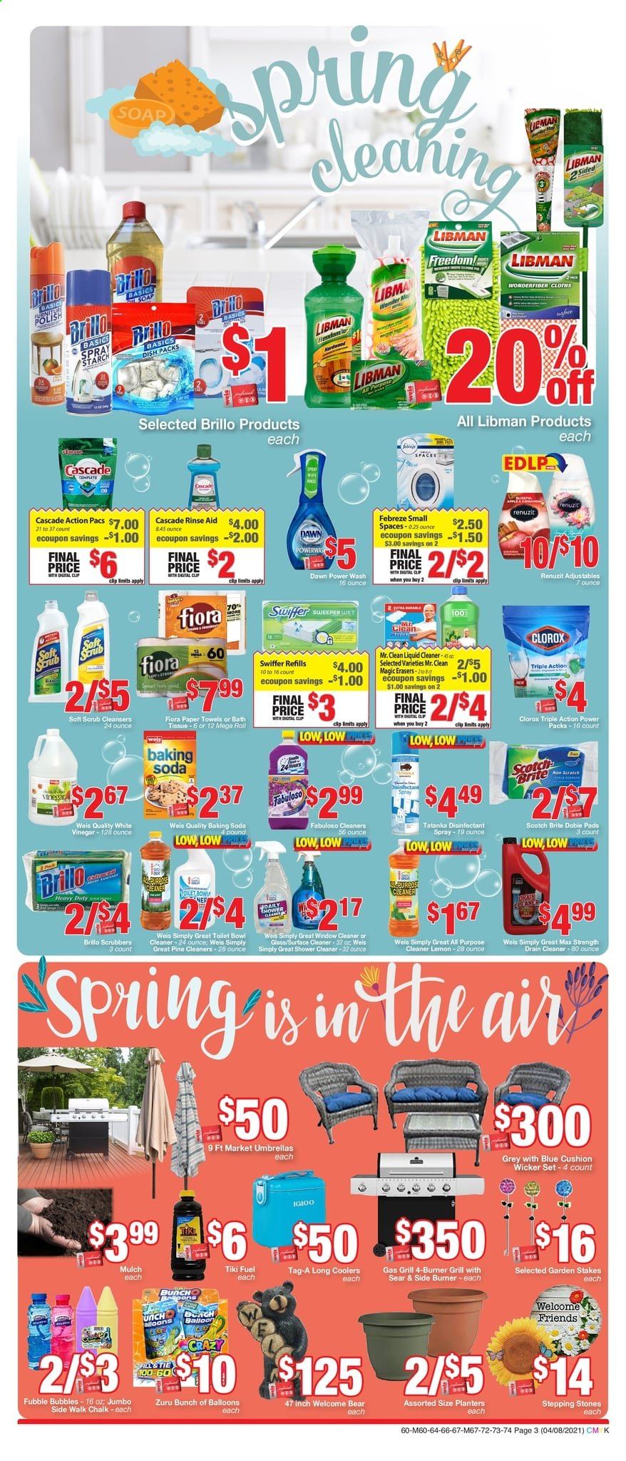 thumbnail - Weis Flyer - 04/08/2021 - 05/06/2021 - Sales products - bicarbonate of soda, starch, vinegar, Planters, bath tissue, kitchen towels, paper towels, Febreze, surface cleaner, cleaner, liquid cleaner, all purpose cleaner, Clorox, Fabuloso, Swiffer, Cascade, Dial, soap, balloons, Renuzit, cushion, Zuru. Page 3.