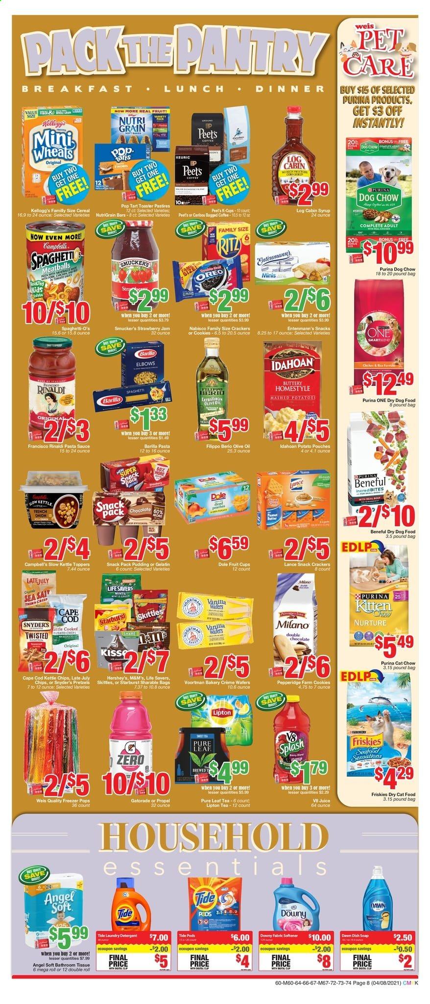 thumbnail - Weis Flyer - 04/08/2021 - 05/06/2021 - Sales products - fruit cup, pretzels, tart, Entenmann's, Dole, cod, Campbell's, spaghetti, pasta sauce, sauce, Barilla, pudding, Oreo, Hershey's, cookies, wafers, chocolate, crackers, Kellogg's, Skittles, Starburst, RITZ, chips, strawberry jam, Nutri-Grain, olive oil, oil, fruit jam, syrup, juice, Lipton, Gatorade, tea, Pure Leaf, bagged coffee, bath tissue, detergent, Tide, fabric softener, laundry detergent, Downy Laundry, soap, animal food, cat food, dog food, Dog Chow, Purina, dry dog food, dry cat food, Friskies, gelatin. Page 8.