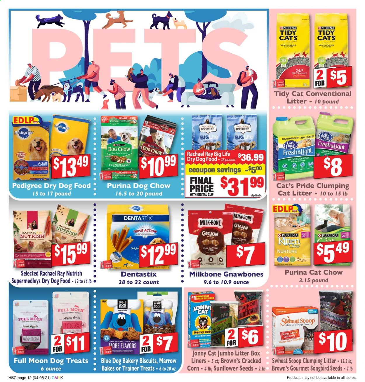 thumbnail - Weis Flyer - 04/08/2021 - 05/06/2021 - Sales products - steak, milk, corn, strips, chicken strips, chewing gum, biscuit, brown rice, oil, sunflower seeds, cat litter, animal food, dog food, Dog Chow, Purina, Dentastix, Pedigree, dry dog food, Nutrish. Page 12.