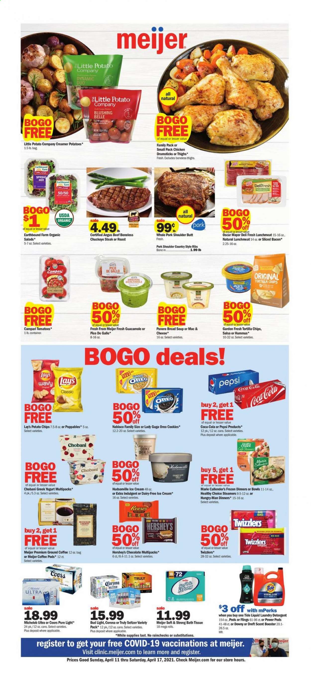 thumbnail - Meijer Flyer - 04/11/2021 - 04/17/2021 - Sales products - bread, tomatoes, salad, macaroni & cheese, soup, Healthy Choice, Marie Callender's, bacon, Oscar Mayer, hummus, guacamole, lunch meat, greek yoghurt, Oreo, yoghurt, Chobani, ice cream, Reese's, Hershey's, cookies, chocolate, tortilla chips, potato chips, Lay’s, salsa, Coca-Cola, Pepsi, seltzer water, coffee pods, ground coffee, TRULY, beer, Coors, Michelob, Bud Light, Corona Extra, chicken drumsticks, beef meat, steak, chuck steak, pork meat, pork ribs, pork shoulder, country style ribs, bath tissue, detergent, Tide, laundry detergent. Page 1.