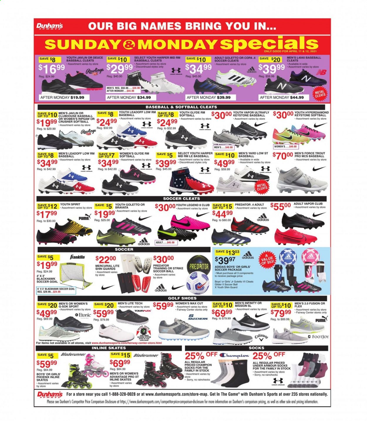 thumbnail - Dunham's Sports Flyer - 04/10/2021 - 04/15/2021 - Sales products - Adidas, Callaway, shoes, Under Armour, Puma, Skechers, socks, goal, soccer cleats, inline skates, skates, cleats, baseball cleats. Page 4.
