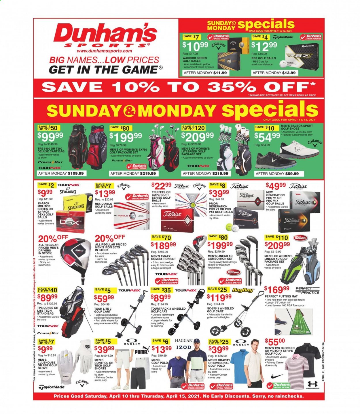 thumbnail - Dunham's Sports Flyer - 04/10/2021 - 04/15/2021 - Sales products - Callaway, shoes, Under Armour, Puma, Oakley, Wilson, Spalding, gloves, bag, shorts, golf gloves, golf balls, golf iron set. Page 1.