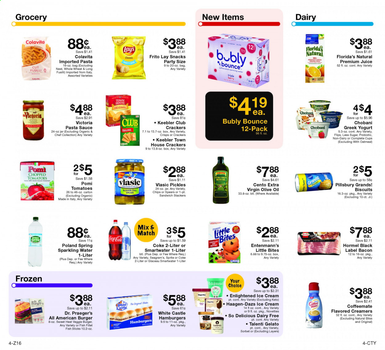 thumbnail - Fairway Market Flyer - 04/09/2021 - 04/15/2021 - Sales products - muffin, Entenmann's, snack, fish fillets, pasta sauce, sandwich, sauce, Pillsbury, veggie burger, fish sticks, Hormel, plant based product, bacon, greek yoghurt, Chobani, Coffee-Mate, creamer, ice cream, Häagen-Dazs, Talenti Gelato, Enlightened lce Cream, gelato, sorbet, crackers, biscuit, Little Bites, Florida's Natural, Keebler, Lay’s, salty snack, crisps, oatmeal, pickles, chopped tomatoes, pickled vegetables, fusilli, extra virgin olive oil, olive oil, oil, Coca-Cola, Sprite, soft drink, Coke, sparkling water, bottled water, Smartwater, water, carbonated soft drink. Page 4.