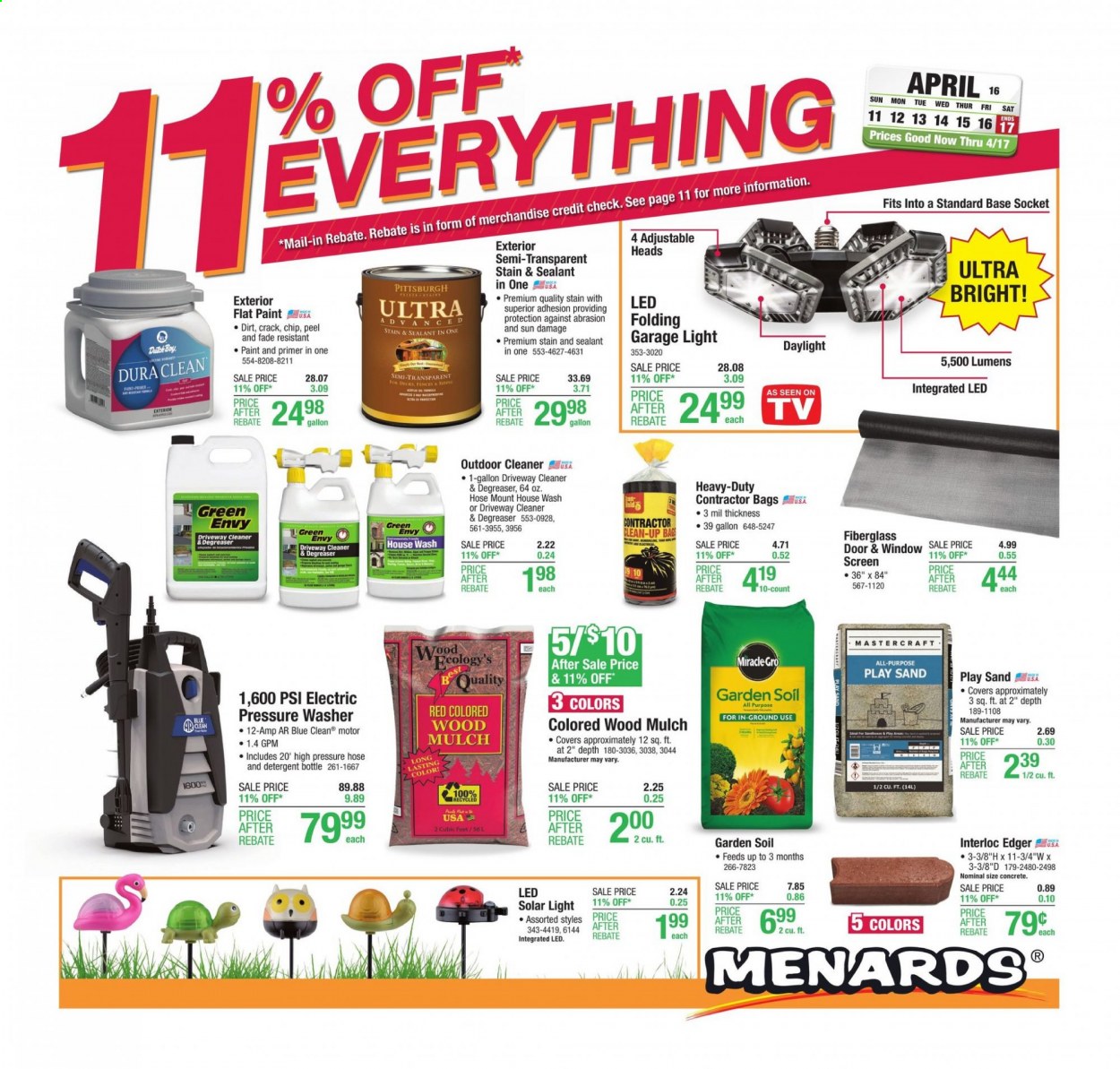 thumbnail - Menards Flyer - 04/11/2021 - 04/17/2021 - Sales products - detergent, cleaner, gallon, paint, solar light, siding, door, electric pressure washer, pressure washer, garden soil, garden mulch, degreaser. Page 1.
