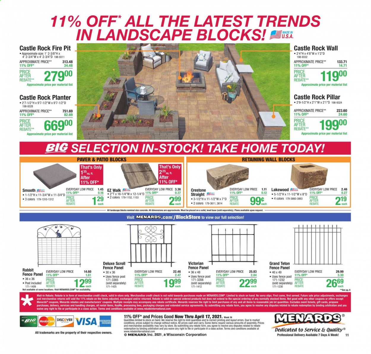 thumbnail - Menards Flyer - 04/11/2021 - 04/17/2021 - Sales products - rabbit fence, fence panel. Page 14.