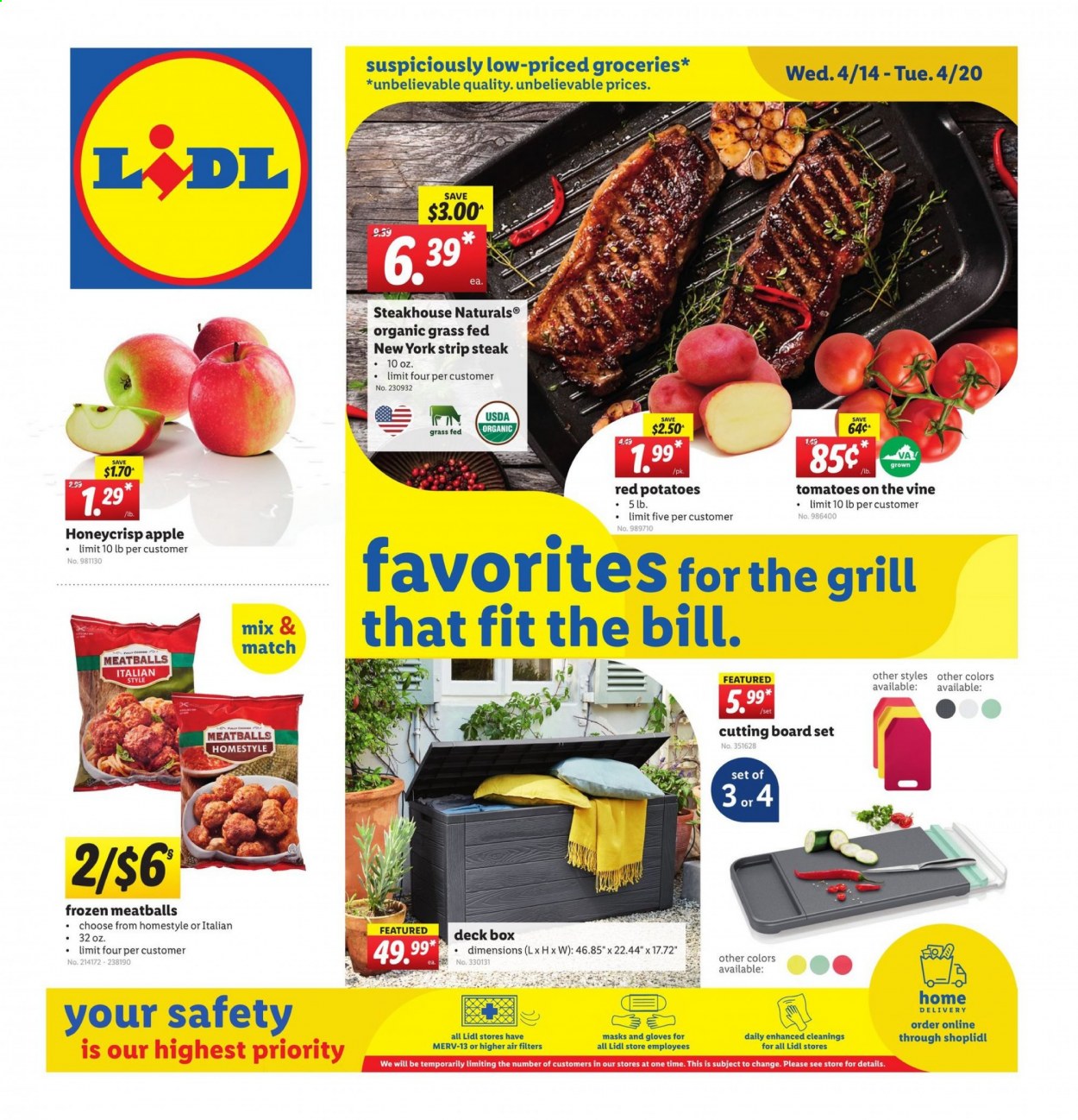 thumbnail - Lidl Flyer - 04/14/2021 - 04/20/2021 - Sales products - tomatoes, potatoes, red potatoes, meatballs, beef meat, steak, striploin steak, cutting board, gloves, grill. Page 1.