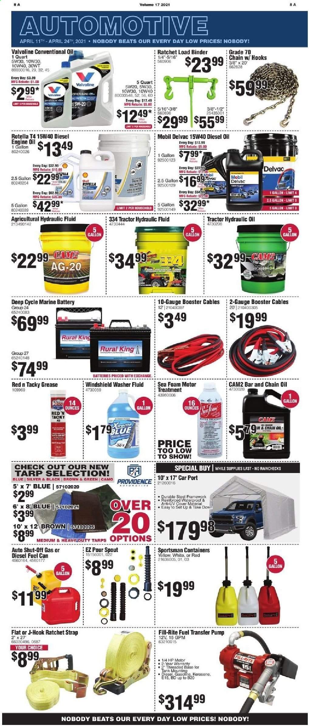 thumbnail - Rural King Flyer - 04/11/2021 - 04/24/2021 - Sales products - hook, battery, tank, Beats, Hewlett Packard, tarps, tractor, ratchet strap, pump, transfer pumps, fuel can, strap, booster cables, washer fluid, Mobil, motor oil, Rotella, Valvoline, hydraulic fluids, diesel oil, conventional oil. Page 10.