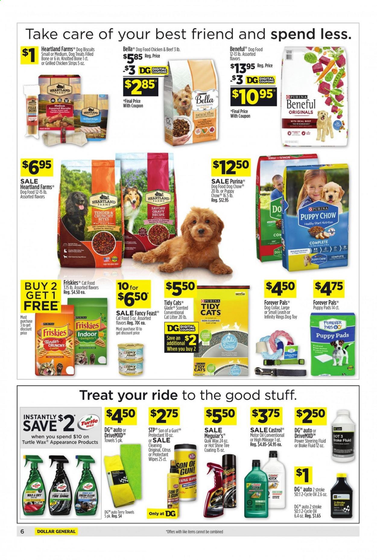 thumbnail - Dollar General Flyer - 04/11/2021 - 04/17/2021 - Sales products - strips, chicken strips, Heartland, Bella, wipes, Infinity, Glade, towel, cat litter, dog toy, puppy pads, dog collar, animal food, animal treats, cat food, dog food, Dog Chow, Purina, dog biscuits, Fancy Feast, Friskies, gun, building blocks, toys, tyre shine, STP, motor oil, Castrol, brake fluid, steering fluid. Page 7.