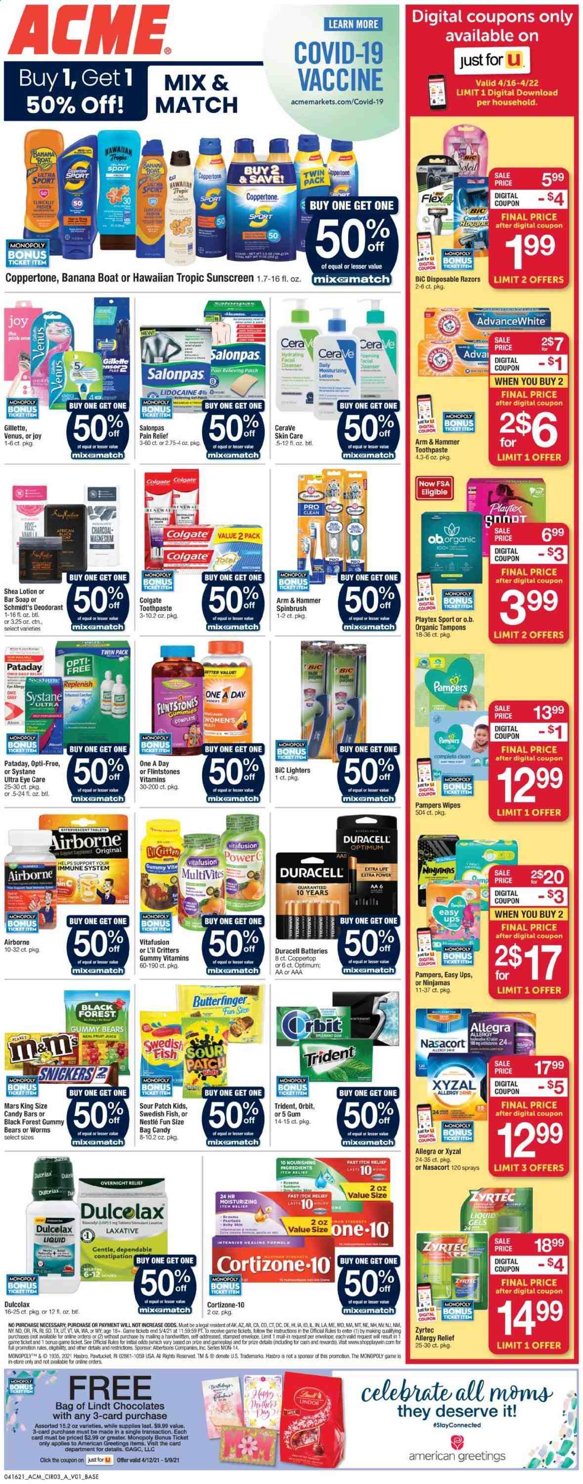 thumbnail - ACME Flyer - 04/16/2021 - 04/22/2021 - Sales products - Nestlé, chocolate, Orbit, Lindt, Lindor, Snickers, Mars, Trident, Sour Patch, ARM & HAMMER, oats, juice, rosé wine, wipes, Pampers, Joy, soap bar, soap, Colgate, toothpaste, Playtex, tampons, CeraVe, cleanser, body lotion, anti-perspirant, deodorant, BIC, Gillette, Venus, disposable razor, envelope, battery, Duracell, Optimum, pain relief, Dulcolax, magnesium, Systane, Vitafusion, Zyrtec, laxative, allergy relief. Page 4.